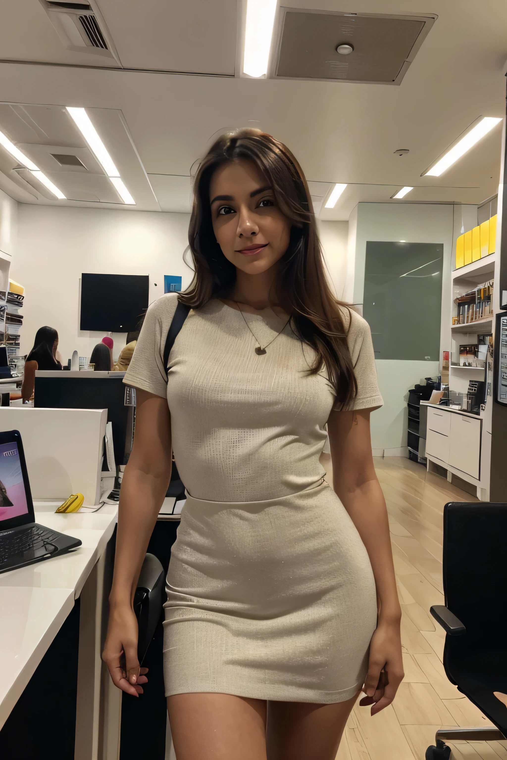 (La mejor calidad,4k,8k,Altas Resoluciones,Obra maestra:1.2),Ultra detallado,(realista,fotorrealista,fotorrealista:1.37),Mujer latina,30-year-old woman,hermosos ojos detallados,cabello largo y rubio,ojos color miel,Manos y dedos perfectos,vestido con ropa ejecutiva,inside a computer store,interior moderno y minimalista,iluminado por luces fluorescentes,glass shelves filled with laptops and accessories,Filas perfectamente organizadas de computadoras de escritorio y monitores.,Woman standing in front of a high-tech touch screen.,engaged in a deep conversation with a store employee,sonriendo y gesticulando con las manos mientras habla,otros clientes navegando por los pasillos,admiring the latest gadgets and technology,grandes ventanales que muestran la bulliciosa calle de la ciudad en el exterior,toques de luz solar entrando,resaltando la radiante belleza de la mujer y la elegancia, futuristic feel of the environment,bright colors with a slightly warm tone,adding a touch of vitality to the overall scene.