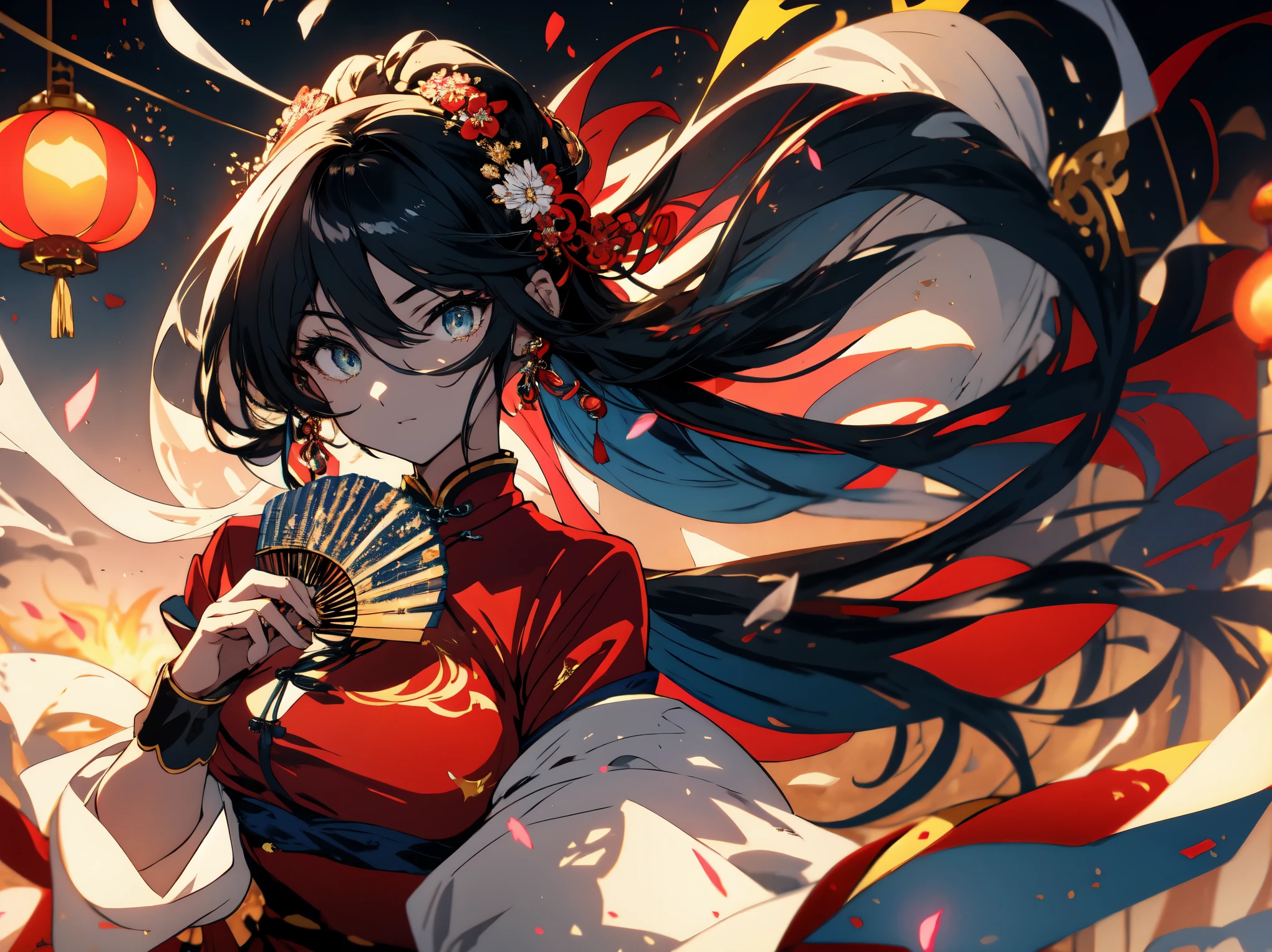 highest quality、masterpiece、beautiful anime、detailed eyes、1 girl, Holds a gorgeous Chinese-style fan, China dress