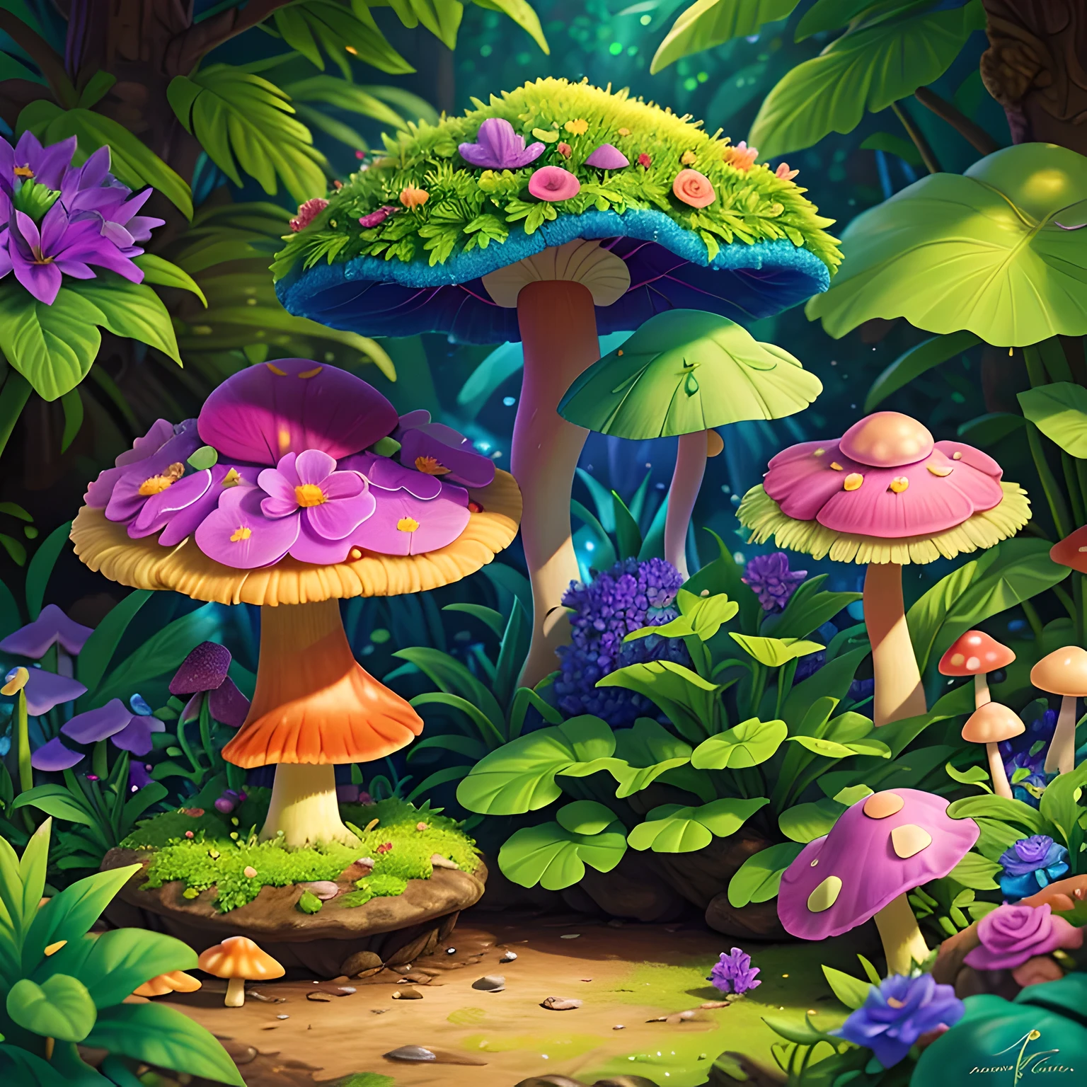 lush plantlife, real, detailed, 8k, high quality, an enchanting and dreamy scene of fantasy/alien forest, mushrooms, creating a sense of mystique and enchantment, blues and purples, garden, water, flowers, depth of field photorealist, crystals, photorealist, realistic