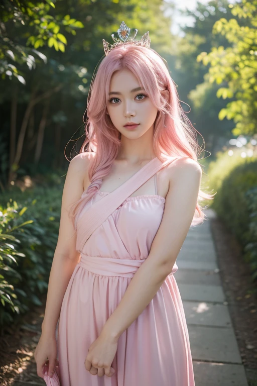 (8k, original photo, best quality, masterpiece), ultra high resolution, (actual, photo-actual), 1 girl, emotionless, alone, pink hair, yellow eyes, professional lighting, detailed lighting, backlight, depth of field, natural lighting, sharp focus, Two meters shooting distance, Professional photo shoot, delicate eyes, actual eyes, Detailed shadows, CG games, role play, pink clothes with arm ring, sling, Upper body, pink clothes, External, crown, Gundam, Mecha,