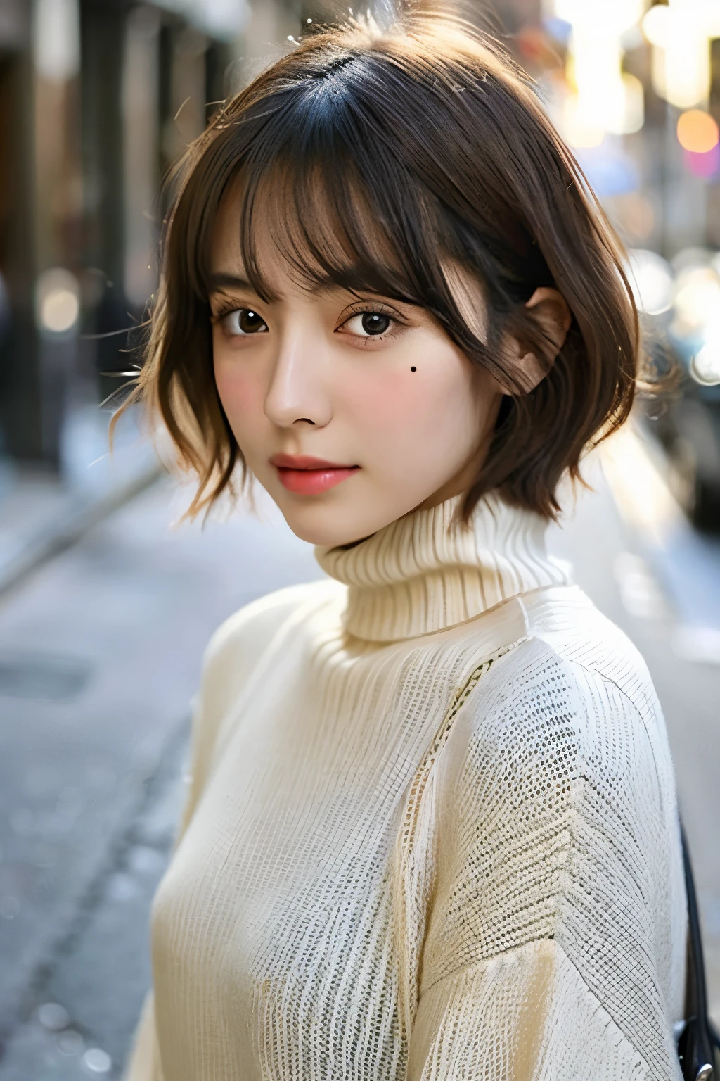 japanese girl、beautiful double eyelids、perfect and handsome face、brown hair、bob、see-through bangs、white knit、turtleneck、looking at the viewer、Natural light、Beautiful and transparent white naked body、One mole on the corner of the left eye、natural lip、The background is a city road、blur the background、girly pose、girl in her 20s