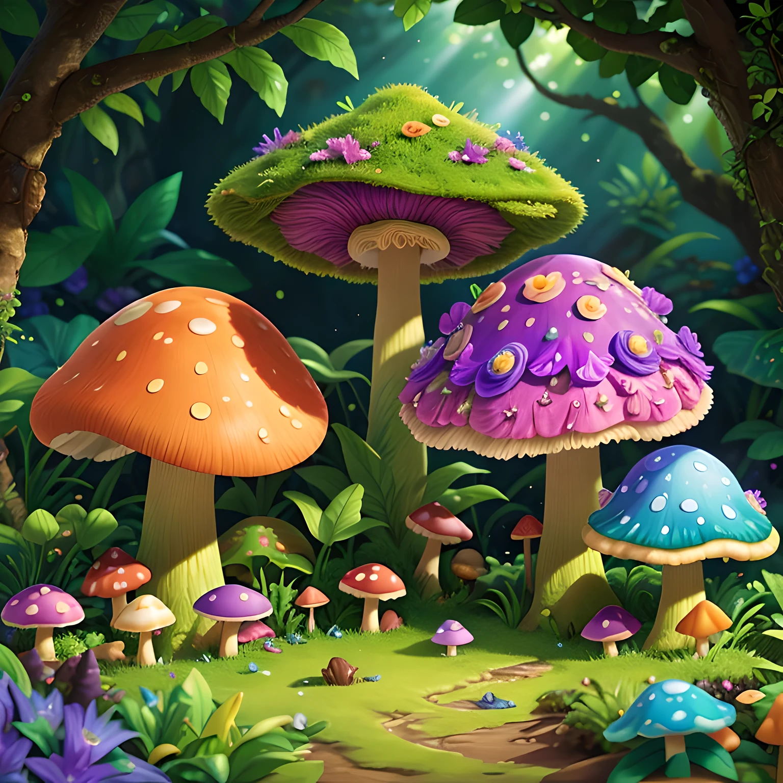 lush plantlife, real, detailed, 8k, high quality, an enchanting and dreamy scene of fantasy/alien forest, mushrooms, creating a sense of mystique and enchantment, blues and purples, garden, water, flowers, depth of field photorealist, crystals, photorealist, realistic