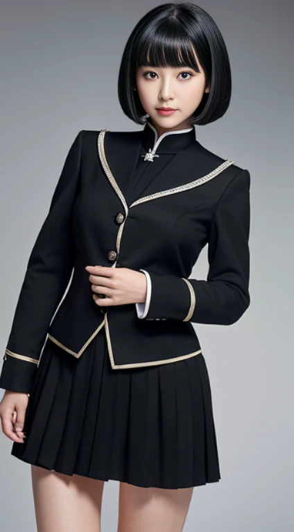 (highest resolution, clear_image), highest quality, masterpiece, very detailed, half realistic, 18-year-old, black haired woman, black eyes, mature, Mature female, emperor&#39;s sister, sexy, short bob cut hair, three bangs, sailor suit, black uniform, light blue mini skirt, School, classroom