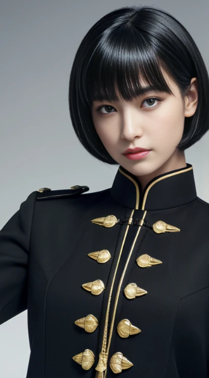 (highest resolution, clear_image), highest quality, masterpiece, very detailed, half realistic, A woman with shoulder-length black hair, black eyes, mature, mature女性, emperor's sister, sexy, short hair, three bangs, black uniform, black uniform jacket, light blue pleated skirt,