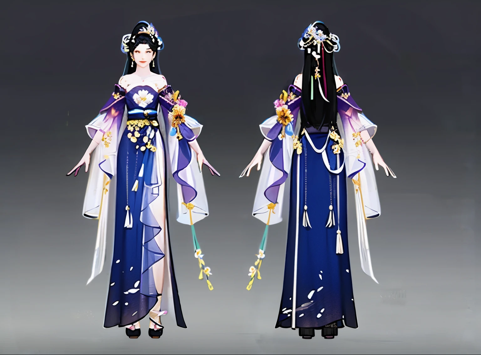 Rear view, front view, multi-view, game character, East Asian character design, exquisite accessories, exquisite patterns, 1girl, long_hair, hair_ornament, dress, flower, hair_flower, gradient_background, multiple_views, gradient, full_body, jewelry, grey_background, chinese_clothes, blue_dress, standing