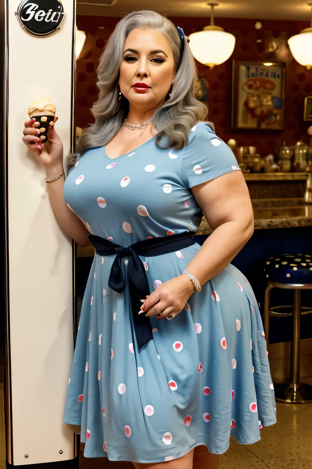 gordo, uma linda mulher de 50 anoaduro), ((wearing a beautiful fluttering vintage formal blue vestidos com bolinhas)), vestidos com bolinhas, Realista, Gordinho, rosto liso, Olhos perfeitos, simIt istrico, 8K high definition, incrivelmente detalhado, intricado, elegante, arte de David Kostic e Stanley Lau e Artgerm, pele perfeita, lindo atemporal, gordo, maduro, (Seios enormes:0.8), (longos cabelos grisalhos), colares, pulseiras, batom, plano de fundo restaurante vintage dos anos 60 , usando broche, It is, linda coxa, em uma jukebox, puppy position, (gravata na cintura), (vestido levantado pelo vento), It is, pessoas de fundo, ((chupando sorvete))
