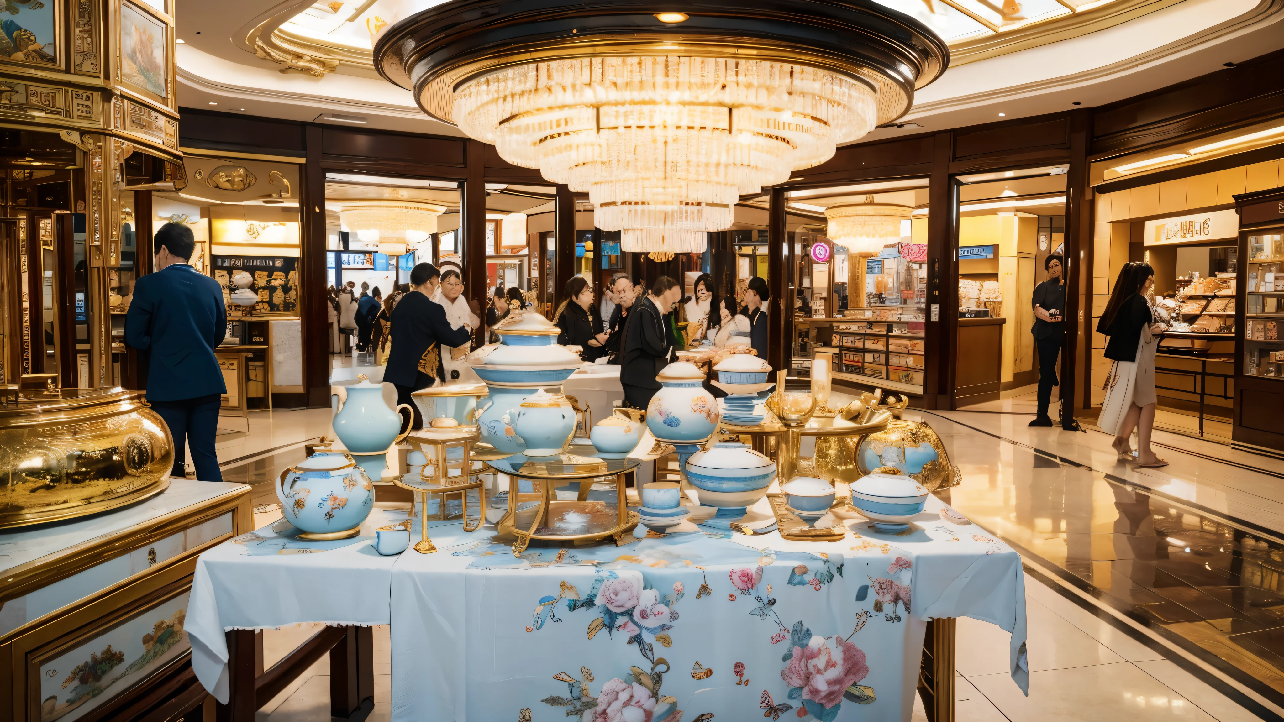In a bustling large shopping mall, People and stalls with different perspectives, There are a lot of Chinese porcelain on the stall, A family is shopping, Surrealism, rococo style, high detail, Contemporary art, cinematic lighting, chromatic aberration, god rays, ray tracing, from below, projected inset, wide shot, UHD, masterpiece, ccurate, super detail, high details, high quality, award winning, best quality, highres, 4K