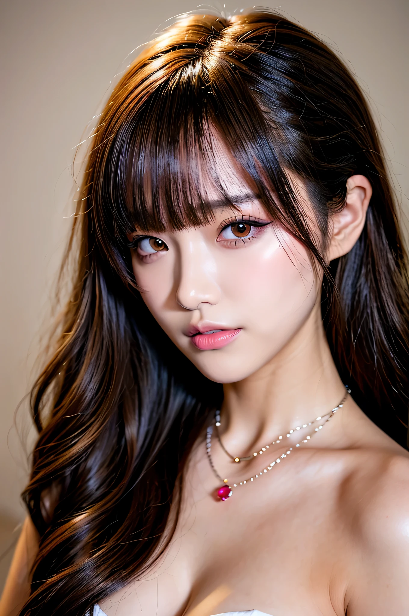Canon RF85mm f/1.2,masterpiece,highest quality,ultra high resolution,VC,1 girl,(korean mixed,K-POPアイドル:1.2),alone,white_shiny_skin,black eye,necklace,((Brown_length_wavy_hair)),((pink_shiny_lips)),eyelash,前hair,make,compensate,shiny,pore,skin texture,bracelet,off shoulder,See-through,big breasts