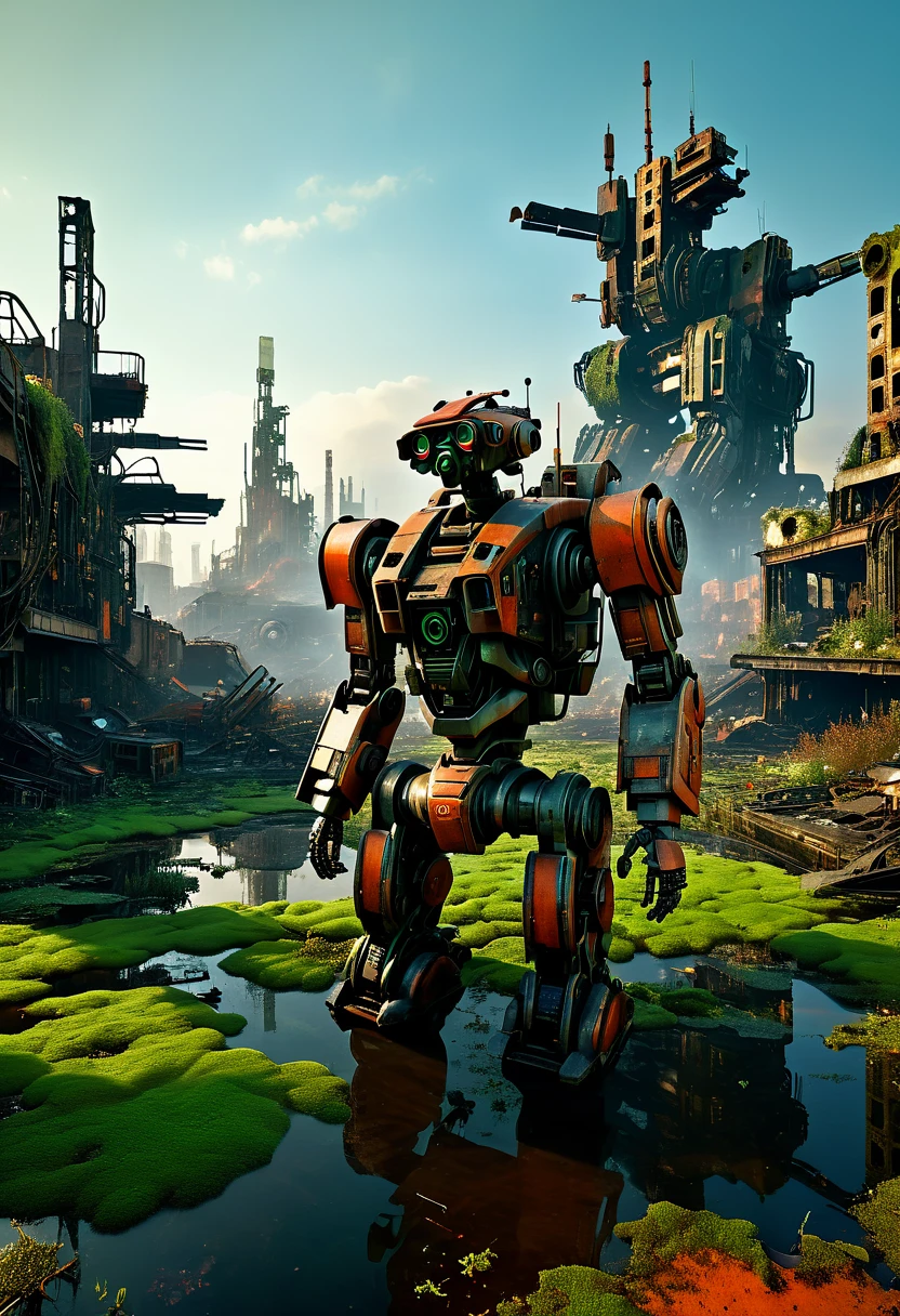 Super professional landscape photos,The photo is soaked in engine oil.,In a ruined city covered with vegetation,((1 Abandoned mechas, killer robots in the post-apocalyptic wasteland,Covered in rust,covered with moss,Standing alone in the middle of a pond filled with oil:1.8))。Ruined city restored after nuclear blast,The outlines of the oppressive buildings in the background are clearly visible,ultra minimalism,background indentation,darken color,Super warm lens,pastel colors,orange powdelm grainy,Root,Crazy details,intricate details,Super detailed,post apocalyptic,Twilight,Super warm panoramic morning detailed background by Vadim Kashin(Wadim Kashin)
