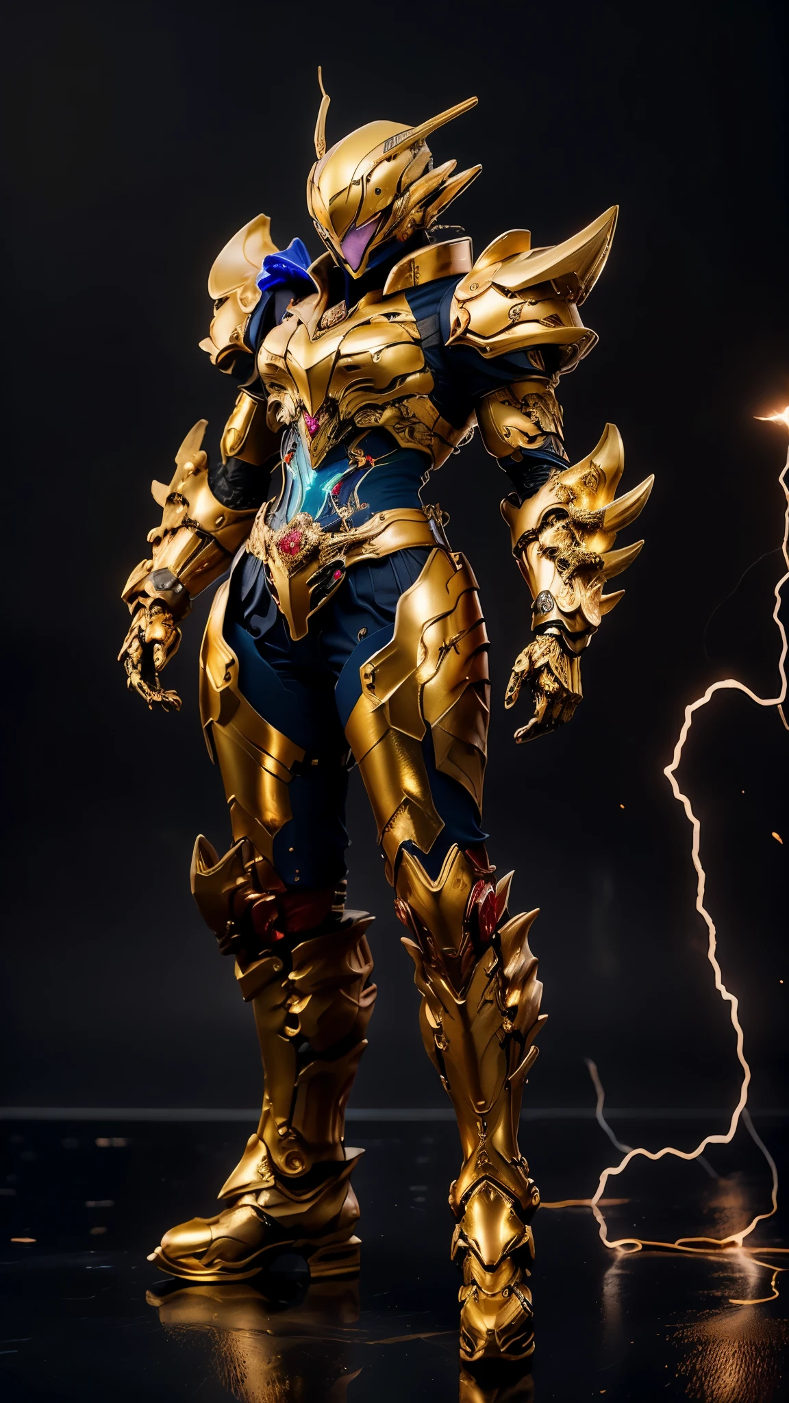 A woman adorned in fantasy-style full-body armor, a crown-concept fully enclosed helmet that unveils only her eyes, a composite layered chest plate, fully encompassing shoulder and hand guards, a lightweight waist armor, form-fitting shin guards, the overall design is heavy-duty yet flexible, ((the armor gleams with a golden glow, complemented by red and blue accents)), exhibiting a noble aura, she floats above a fantasy-surreal high-tech city, this character embodies a finely crafted fantasy-surreal style armored hero in anime style, exquisite and mature manga art style, (Queen bee mixed with Spider concept Armor, plasma, blood), ((Element, energy, elegant, goddess, femminine:1.5)), metallic, high definition, best quality, highres, ultra-detailed, ultra-fine painting, extremely delicate, professional, anatomically correct, symmetrical face, extremely detailed eyes and face, high quality eyes, creativity, RAW photo, UHD, 32k, Natural light, cinematic lighting, masterpiece-anatomy-perfect, masterpiece:1.5