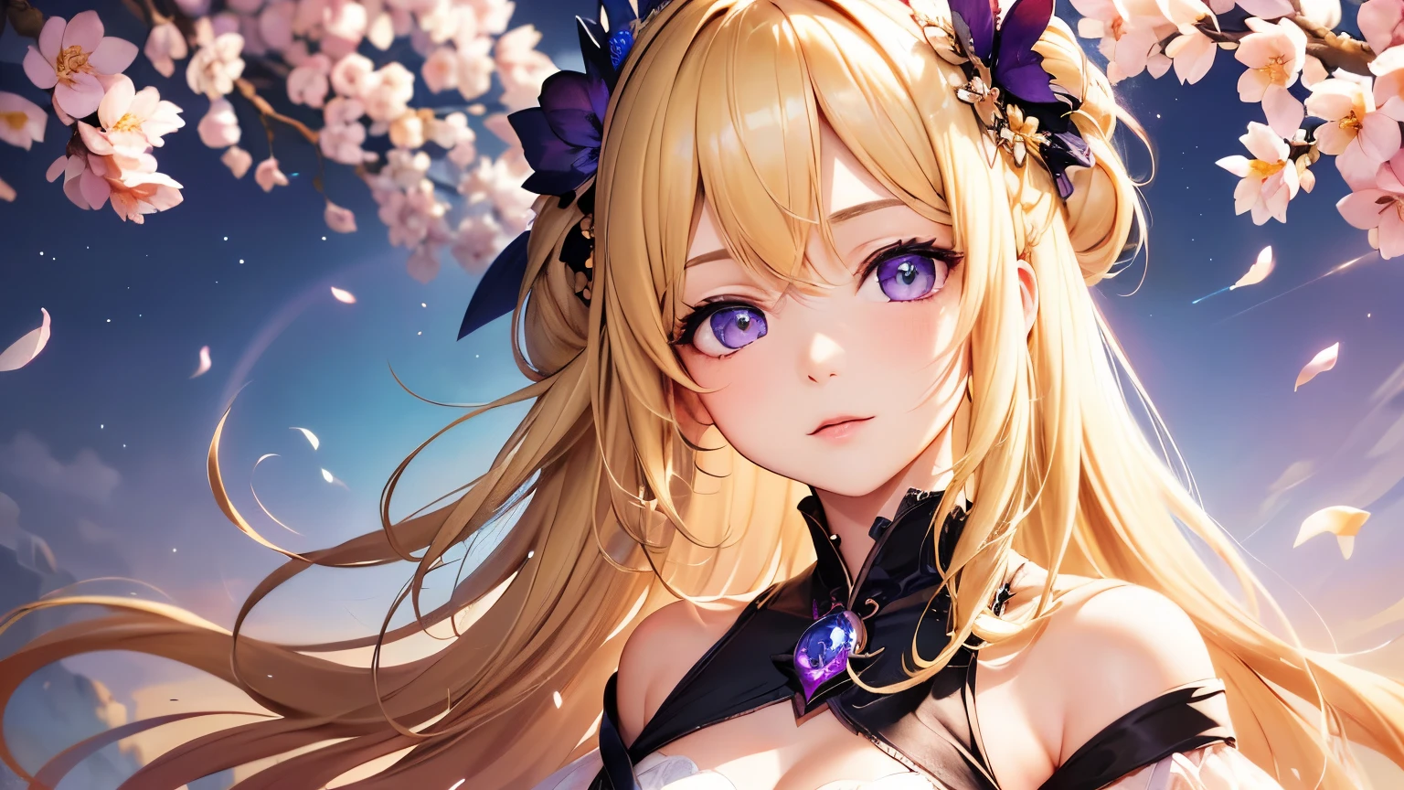4K quality:1.2,1girl,sense of deps,disorganized,catch light,Super beautiful illustration,(((beautiful blonde,two side up hairstyle:1.3))),beautiful and delicate flowing hair,((Beautiful purple eyes like jewels:1.2)),emphasized chest,Cherry blossom trees