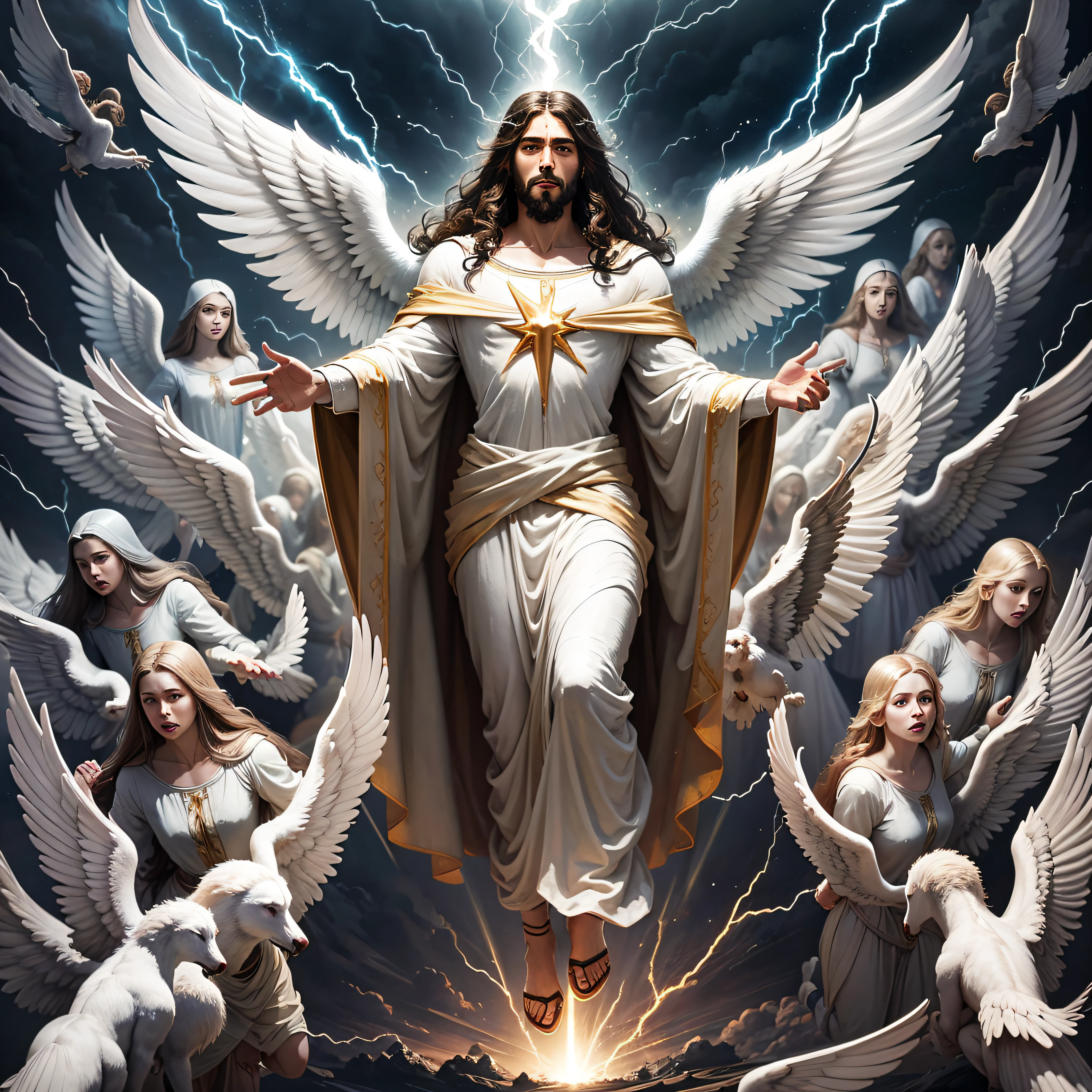jesus christ descending from heaven with lightning and thousands of angels around --auto --s2