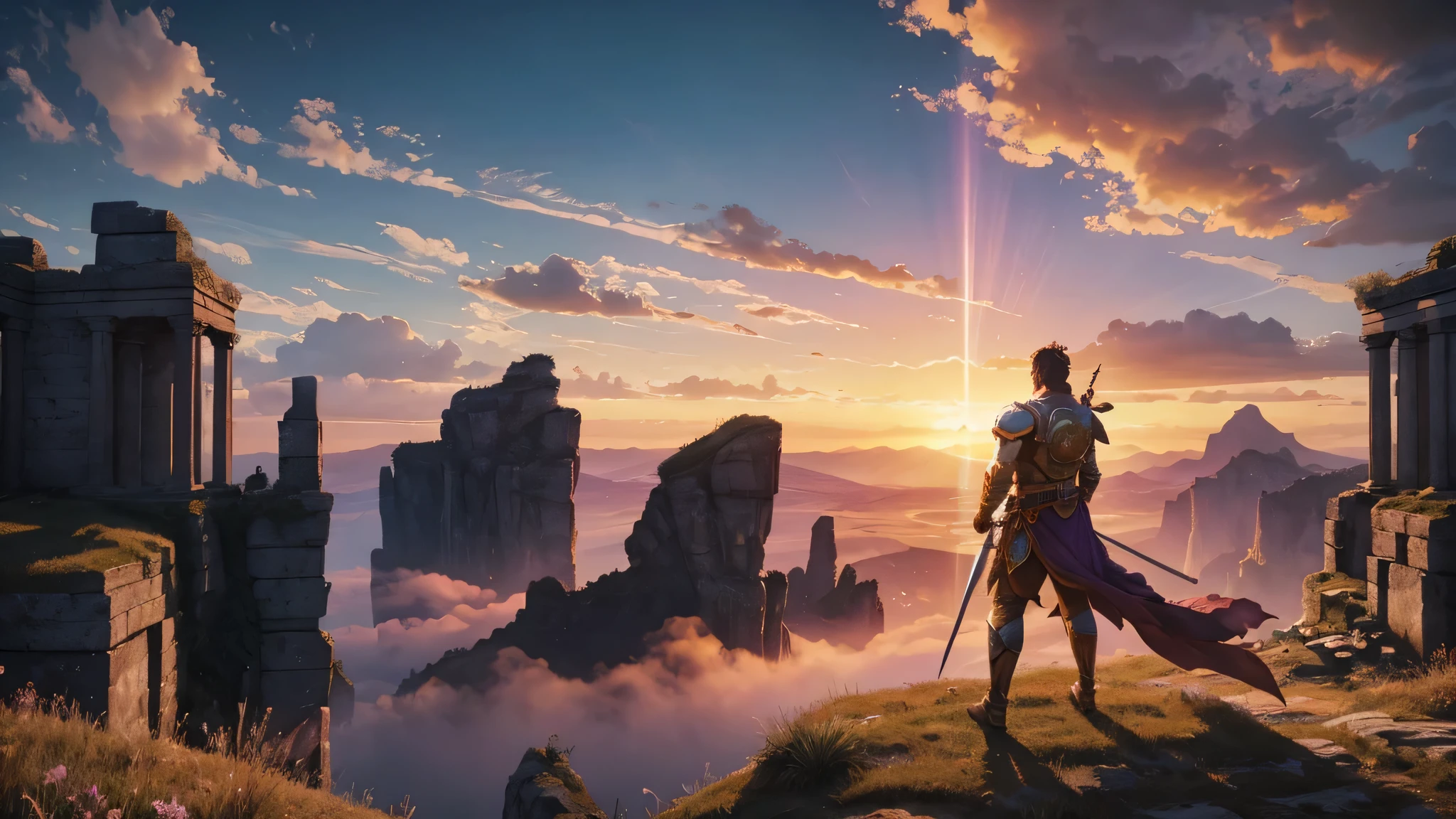Behold a majestic scene of a legendary hero standing steadfast in the heart of a breathtaking landscape. The hero, clad in ancient or fantasy-inspired armor, gleams under the early morning sun, his sword raised high to the azure sky. His strong and determined figure exudes an air of courage and resilience.
In the backdrop, the sun rises above the horizon, casting a new light of hope across the tranquil landscape. Dramatic hues of oranges, pinks, and purples blanket the sky, narrating tales of the hero's epic adventures and fierce battles.
This "Legendary Epic Heroic" image is a visual test