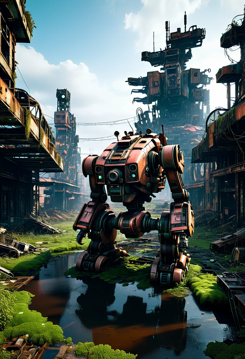 (full-body shot) , In a ruined city covered with vegetation，((1 Abandoned mechas, killer robots in the post-apocalyptic wasteland，Covered in rust and covered with moss, it stands alone in the middle of a pond filled with oil.:1.8))。Ruined city restored after nuclear blast，The outlines of the oppressive buildings in the background are clearly visible。((The mecha was severely damaged, with oil stains and scratches covering its surface.Its metal casing is rusty and its wires are exposed))，Reminiscent of its glorious past。However，Now it&#39;s just an abandoned shell，Abandoned in this post-apocalyptic landscape。Photos in a super minimalist style，the abandoned city is rendered in soft orange-pink tones，Creates a super warm atmosphere。Film grain and root effects add a sense of texture and nostalgia to the image。The lens is dimmed，Pastel colors and crazy details create a hyper-detailed post-apocalyptic atmosphere。This feeling is further enhanced by the oppressive buildings in the background and the distant twilight scene。This ultra-professional landscape photo is a stunning portrayal of an abandoned city and derelict mechas，it tells a story about war、A story of destruction and the passage of time，(global illumination, Ray tracing, high dynamic range, Unreal rendering, Reasonable design, high detail, masterpiece, best quality, ultra high definition, light)，3d style
