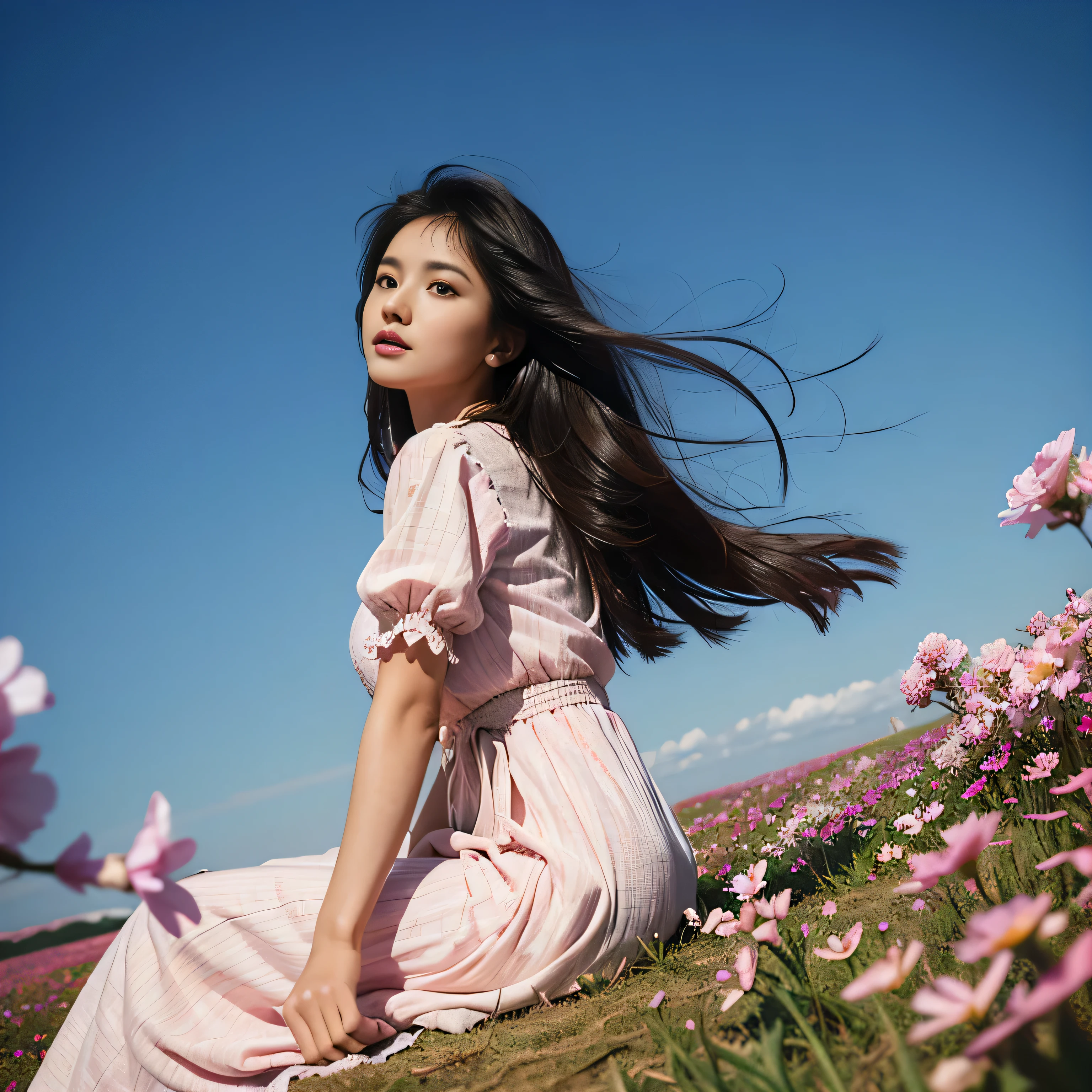 TYPE : Beauty Photography
THEME : natural
RACE : Indonesian, young
PERSON 1 : Early 20s, woman
SCENE : outdoor , sitting in the middle of a field of very tall and beautiful flower field, side view , full filled with tall flower field, creating an beauty atmosphere , wind blowing effect, beautiful expression , graceful pose .
PROPS: : fields of tall flower field, blue sky , wearing soft pink patterned long dress, wind blow
CAMERA : photographed using an Canon eos 90d DSLR camera with 18-135mm lens , detail skin texture , detailed face , close up , low exposure
ANGLE : High Dynamic Range (HDR) shot