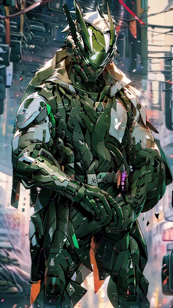1 person、Tactical Jacket、tactical clothing、green hair、smile、anime、cyber punk、machine gun、glasses、male、battle、Assault Rifle QBZ、Tactical Gear、rifle in hand、(A soldier takes aim at a giant military robot.)big rifle。)、shoot a gun、激しいbattle、whole body、Fangs of the skin、short hair、ハイパーrealism、realism、moving line、UHD、correct、highest quality、8k、super detail、high detail、anatomically correct、masterpiece