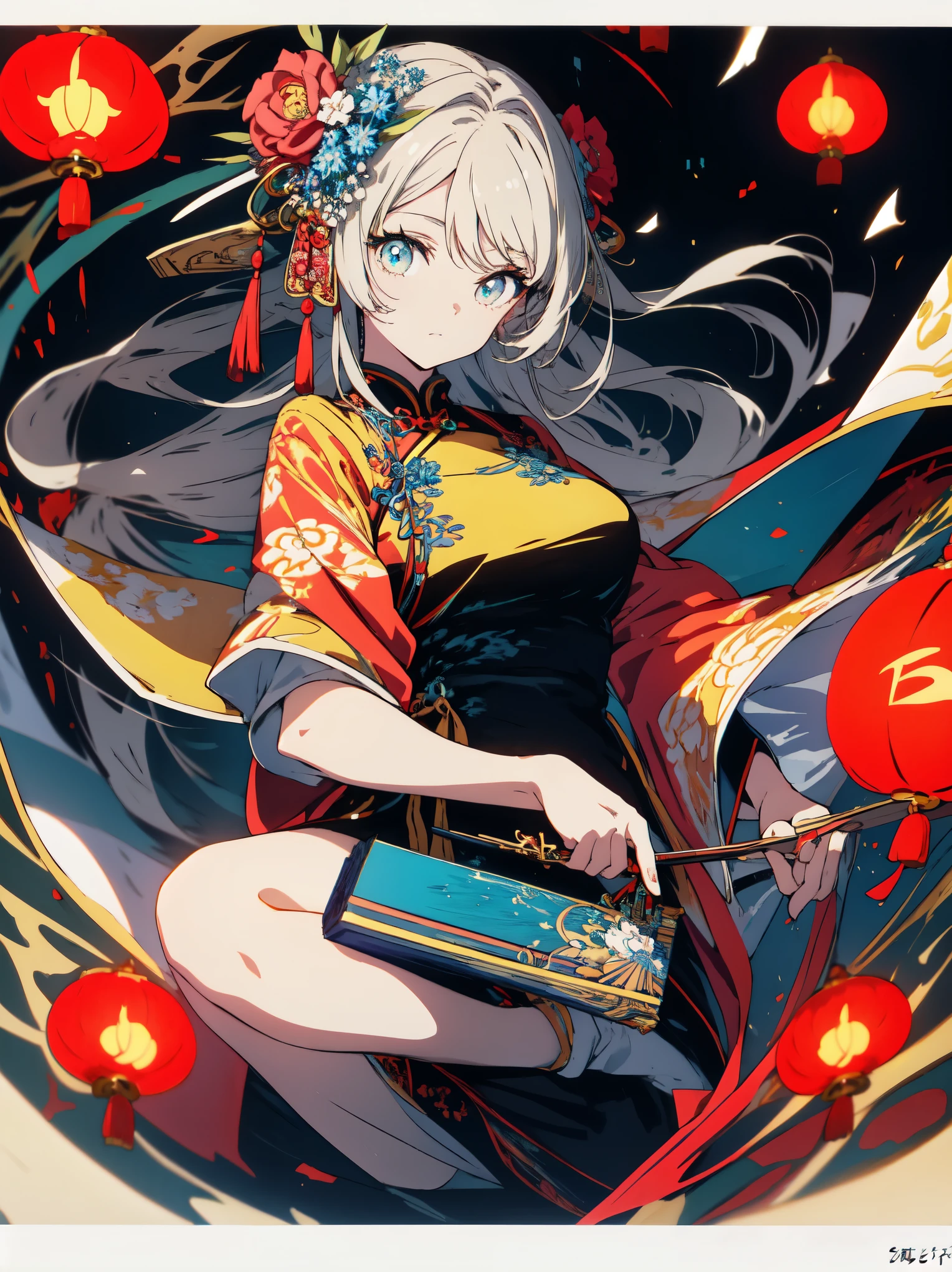 highest quality、masterpiece、beautiful anime、detailed eyes、1 girl, Holds a gorgeous Chinese-style fan, China dress
