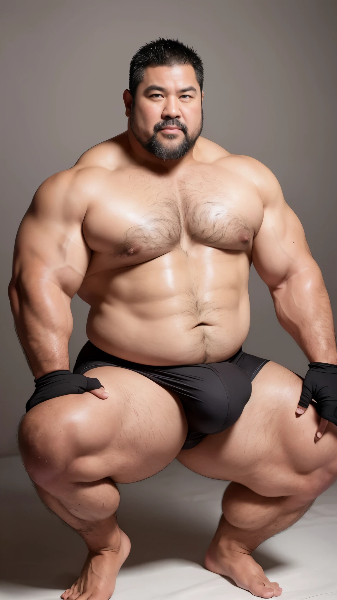 black hair, middle-aged man, individual, male, Muscular wrestler, muscular, Stout wrestler, Asian, Japanese, uncle, 55 year old middle-aged man, short hair, short hair, white wrestling boots, full body portrait, shadow, Vision, white briefs, obesity, 45 years old, short beard, middle-aged man, tattoo, fingerless gloves, Wheat skin, shiny skin, dark skin, Show your pectoral muscles, sumo wrestler, bodybuilder, wide temples, Visible abdominal muscles, Smile, Fine hands, solid color background, pure white background, kneepad, black knee pads, Surrealism, Panorama, 8k, super detail，black kneepad，（kneepad ：4）