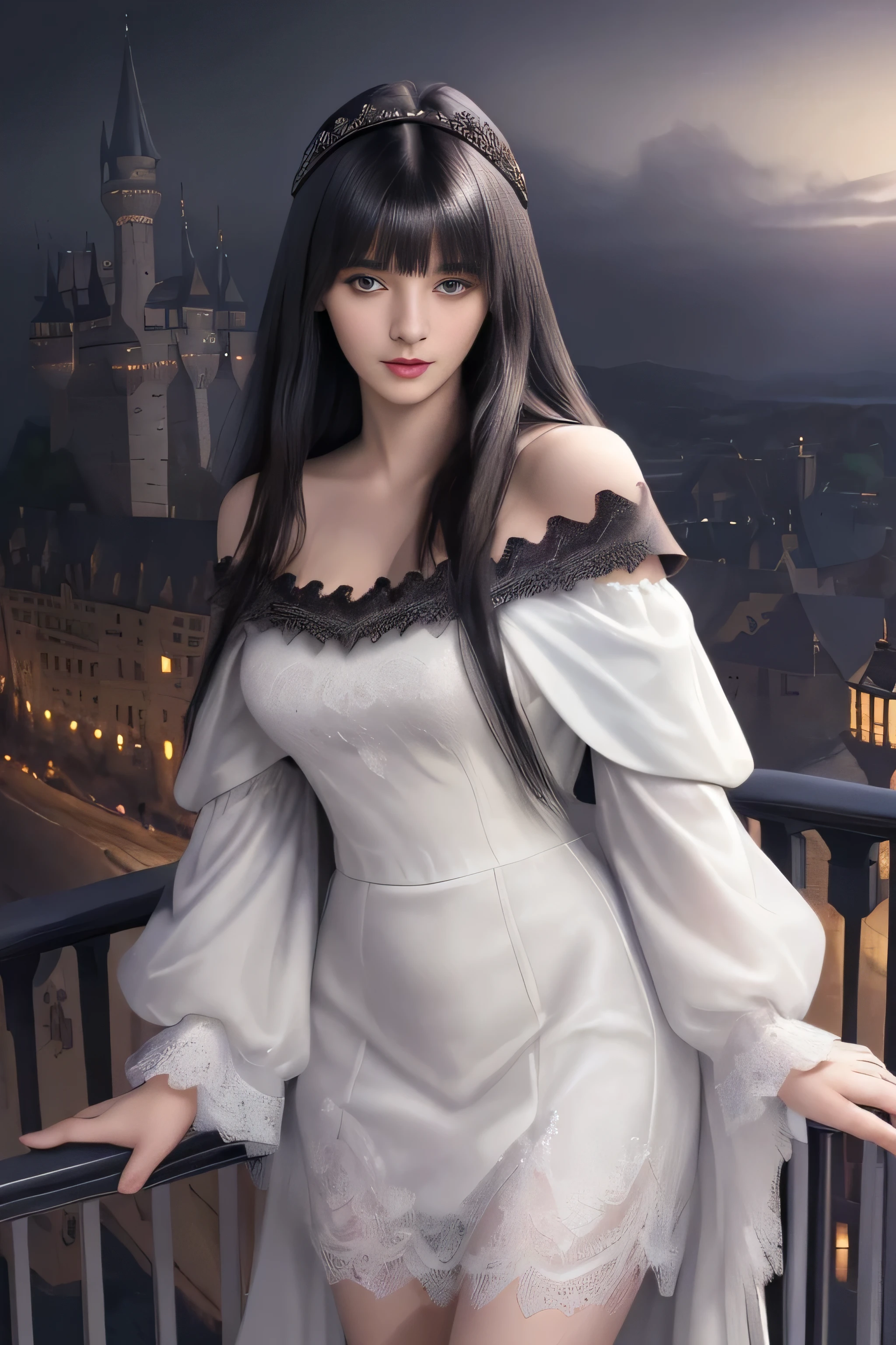 (surreal)、(enlightenment)、(High resolution)、(8k)、(very detailed)、(Best Illustration)、(beautiful detailed eyes)、(highest quality)、(super detailed)、(masterpiece)、(wallpaper)、(detailed face)、solo、1 girl、looking at the viewer、Detailed、detailed face、in the dark night、deep shadow、low key、Pure erotic face ace_v1、laughter、length、black shawl straight hair、46 point diagonal bangs, ((white lace dress、mini skirt))(off shoulder)((Beautiful woman standing on the balcony of the castle))