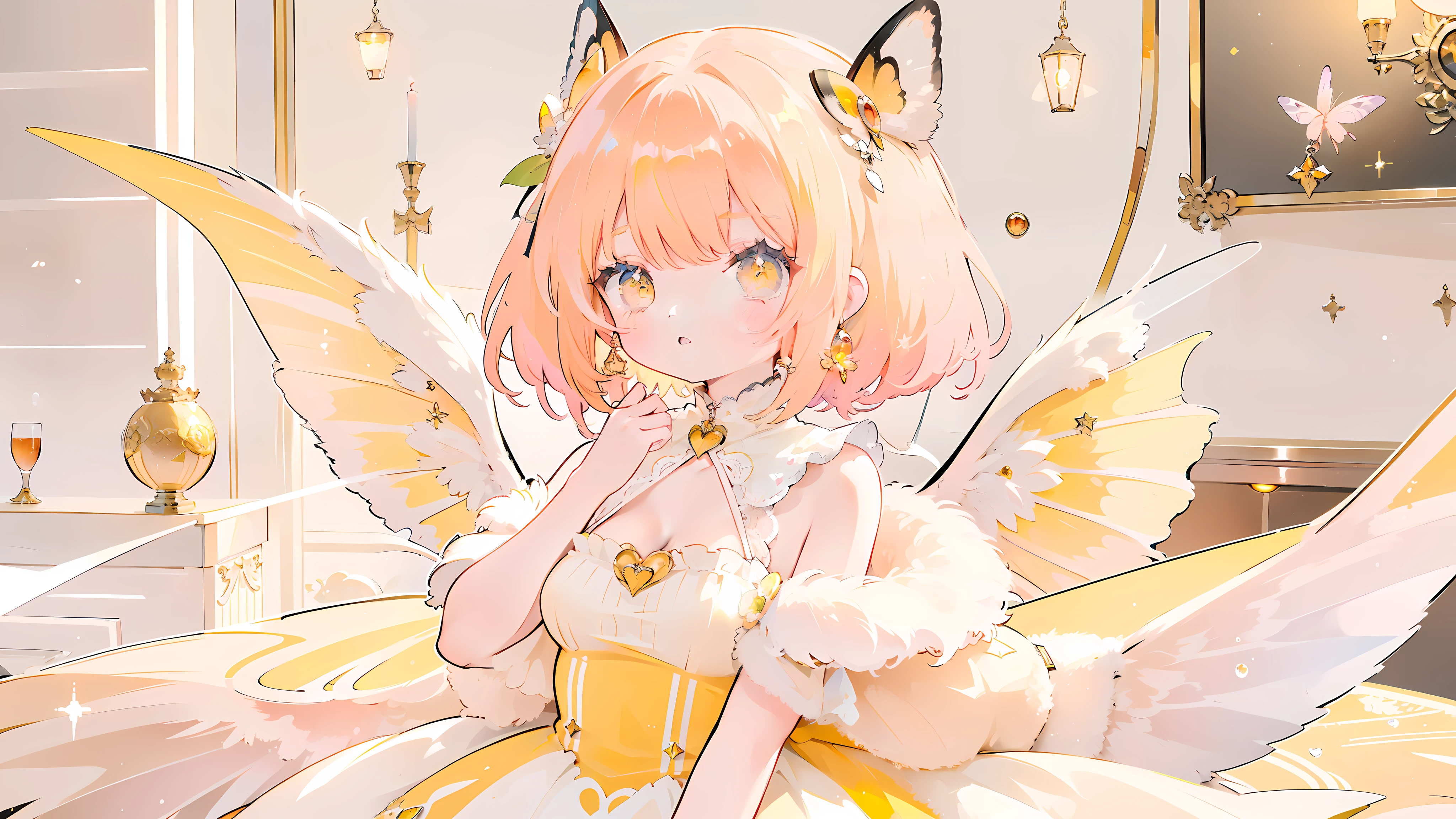 Best quality, girl, solo, moth girl, moth wings, antennae, neck fur, Peach hair, yellow eyes, dressed in peach and yellow tones, , two pairs of peach wings
