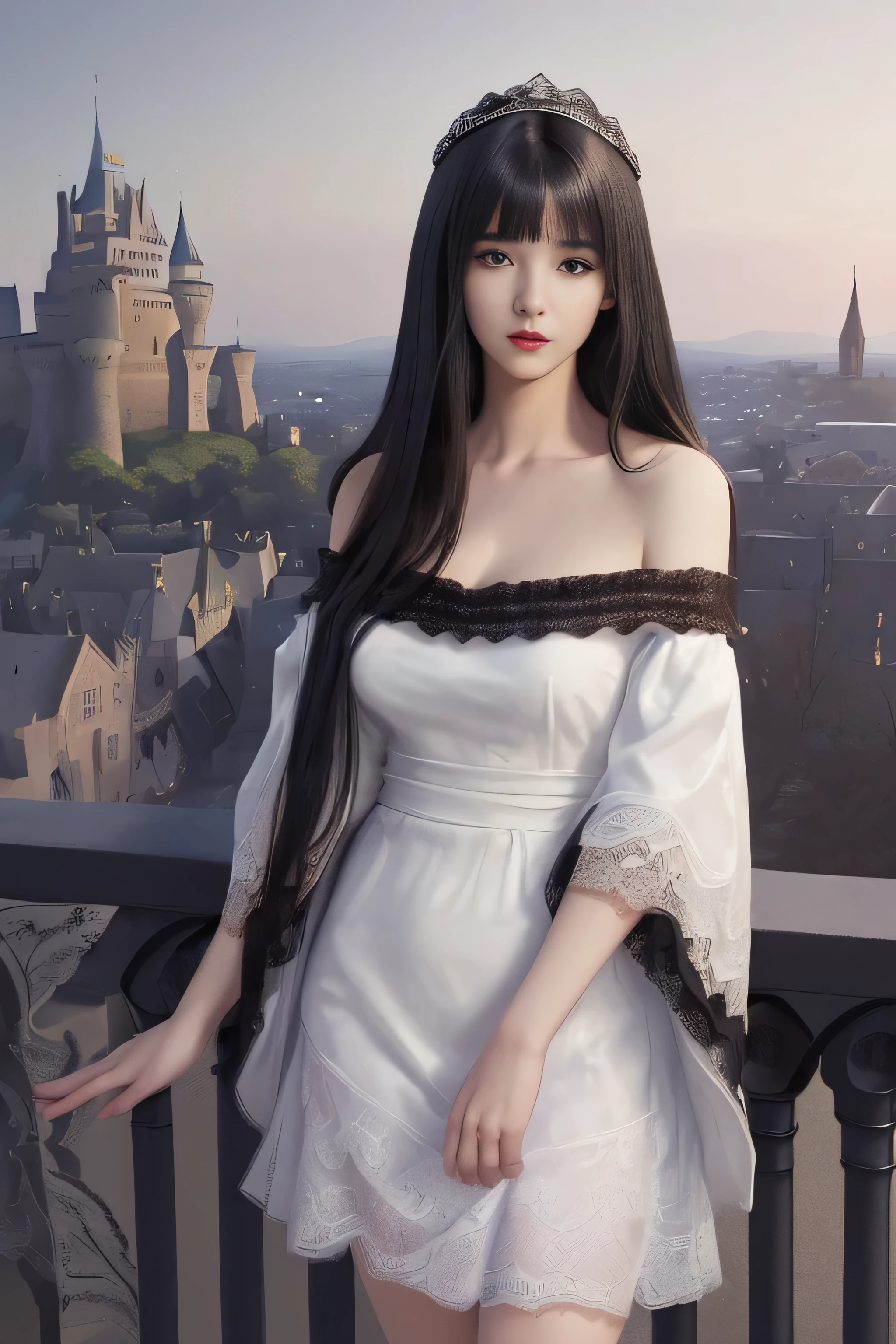 (surreal)、(enlightenment)、(High resolution)、(8k)、(very detailed)、(Best Illustration)、(beautiful detailed eyes)、(highest quality)、(super detailed)、(masterpiece)、(wallpaper)、(detailed face)、solo、1 girl、looking at the viewer、Detailed、detailed face、in the dark night、deep shadow、low key、Pure erotic face ace_v1、laughter、length、black shawl straight hair、46 point diagonal bangs, ((white lace dress、mini skirt))(off shoulder)((Beautiful woman standing on the balcony of the castle))