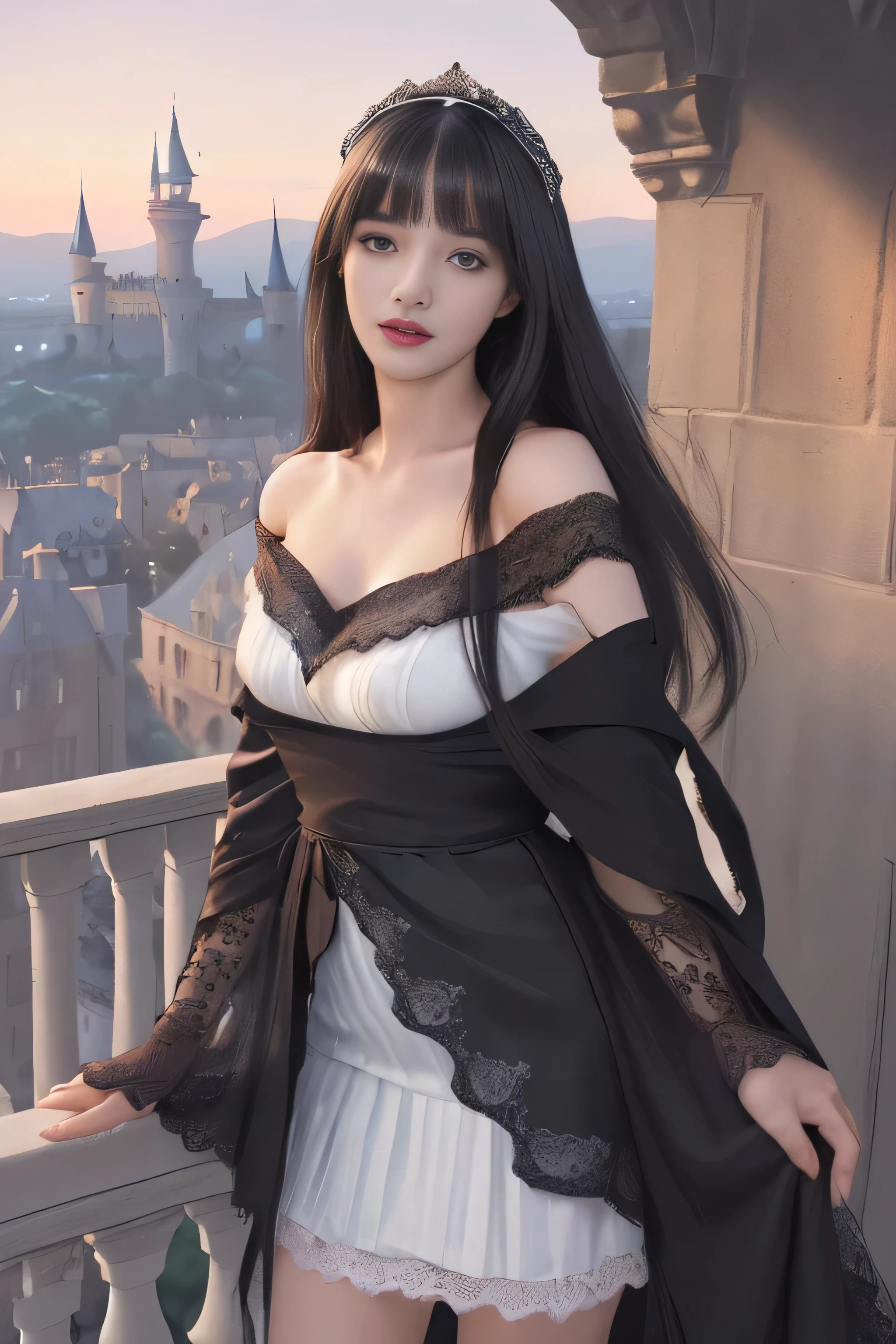 (surreal)、(enlightenment)、(High resolution)、(8k)、(very detailed)、(Best Illustration)、(beautiful detailed eyes)、(highest quality)、(super detailed)、(masterpiece)、(wallpaper)、(detailed face)、solo、1 girl、looking at the viewer、Detailed、detailed face、in the dark night、deep shadow、low key、Pure erotic face ace_v1、laughter、length、black shawl straight hair、46 point diagonal bangs, ((white lace dress、mini skirt))(off shoulder)((Beautiful woman standing on the balcony of the castle))