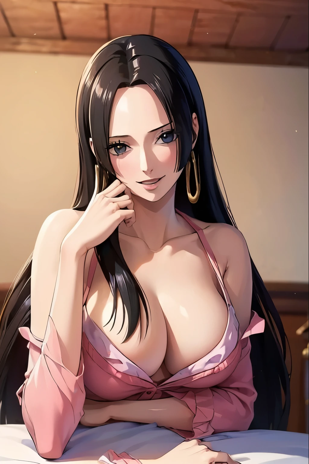 (((masterpiece))), (((best quality))), ((ultra-detailed)), (highly detailed CG illustration), Boa Hancock, (nsfw:1.3), (masterpiece:1.5), Detailed Photo, Smiling, Sexy, (Best Quality: 1.4), (1girl), Beautiful Face, (Black Hair, long Hair: 1.3), Beautiful Hairstyle,  beautiful detail eyes, (realistic skin), beautiful skin, absurd, attractive, ultra high resolution, high definition, (sexually aroused:1.5), Pinkish white skin, cool white light, sexy pose, Beautiful , white background, pink soft white light