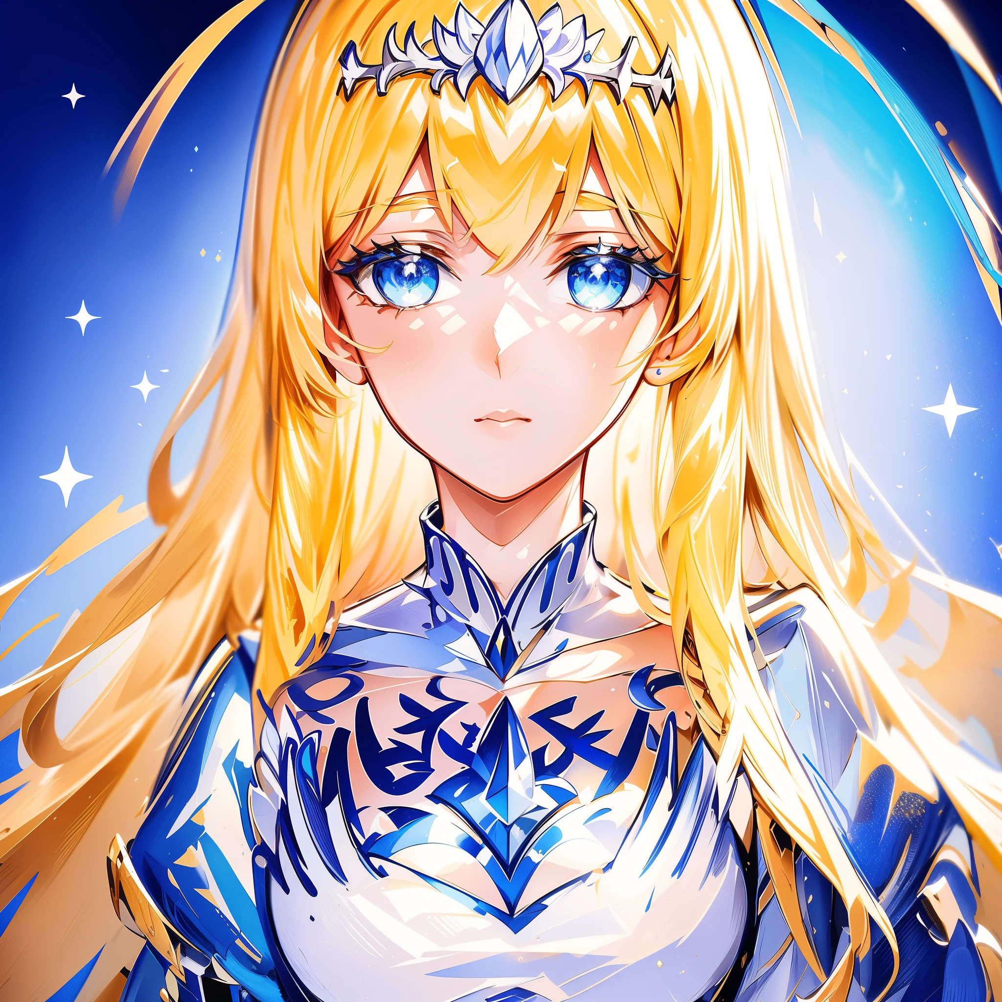 (masterpiece, best quality),  intricate details, 8k, artstation, sharp focus, 1girl, star guardian, (cool color theme),  1girl, Calca, blonde hair, extremely long hair, white tiara, tiara on her head, white dress, blue eyes, medium breasts