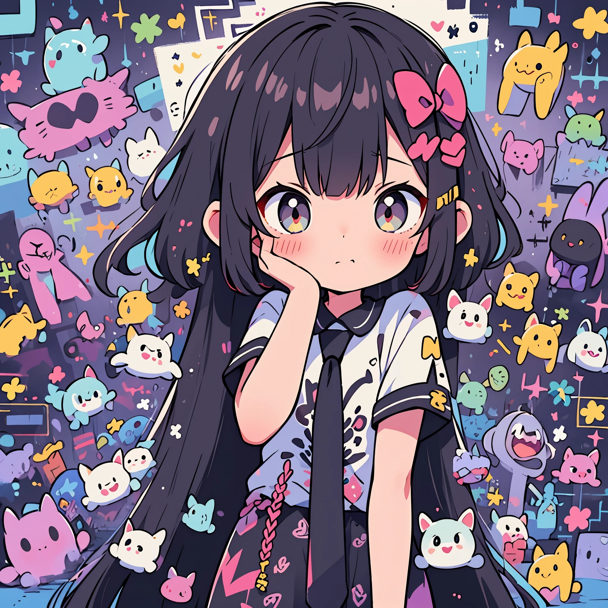 1 person、girl、cute、Small devil、horn、color palette(purple、white、black hair)