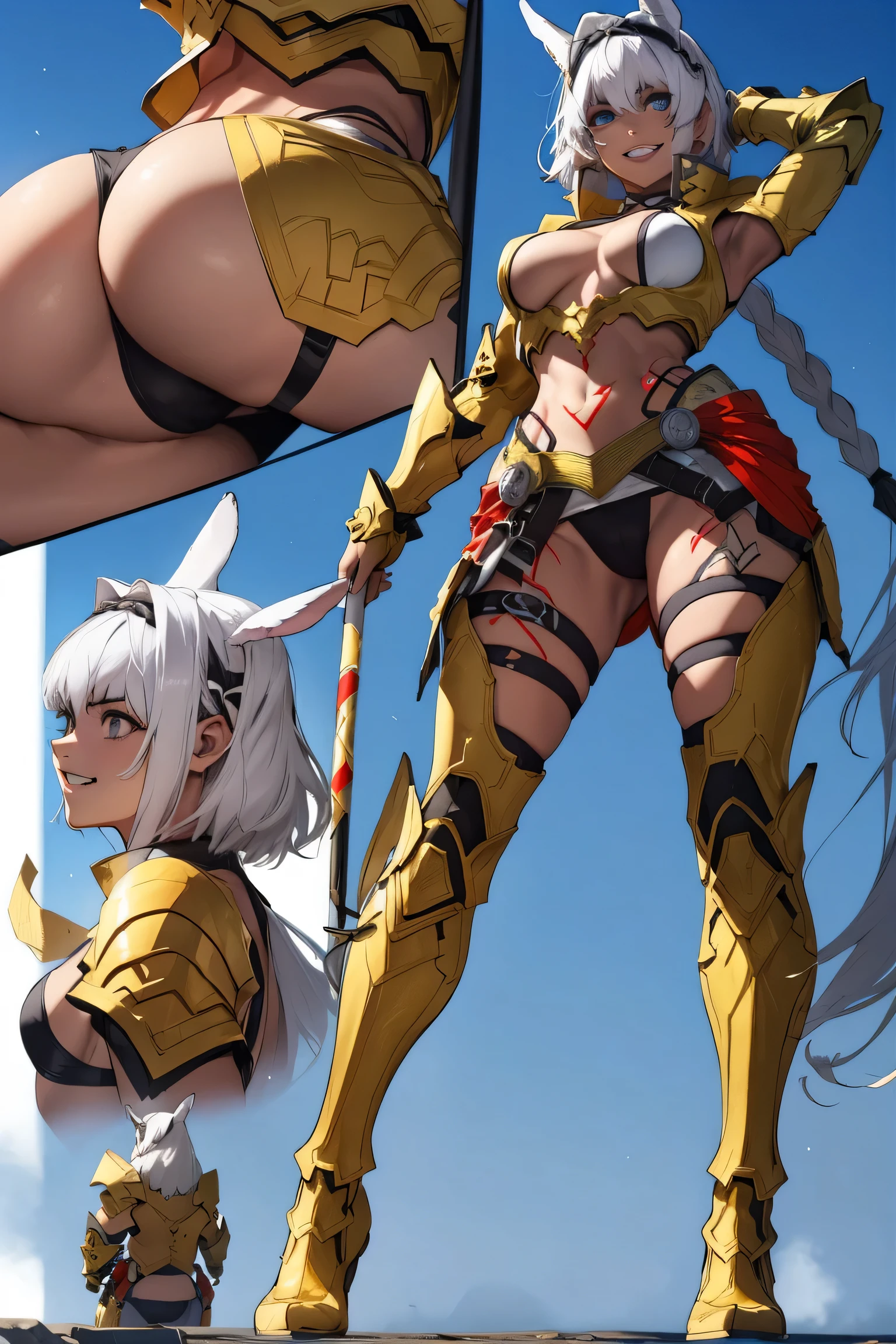 caenis,( fgo stage 3), 1girl, smile, short hair, white hair, bangs, red eyes, animal ears,
BREAK (open clothes, hairband, grin, (gold armor), body markings:1.2)
BREAK indoors, classroom,
BREAK NSFW,(multiple views:1.5),from behind,from_front,(blue background:1.3),(full body:1.4),arms at sides,
BREAK (masterpiece:1.2), best quality, high resolution, unity 8k wallpaper, (illustration:0.8), (beautiful detailed eyes:1.6), extremely detailed face, perfect lighting, extremely detailed CG, (perfect hands, perfect anatomy),