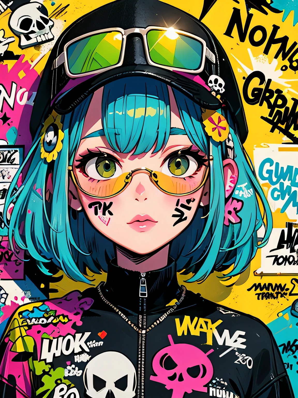 8K resolution、((highest quality))、((masterpiece))、((Super detailed))、1 female、alone、incredibly absurd、 (((most beautiful girl ever))), (((Stylish sunglasses))), lips in love, stylish cap,short cut hair、small breasts, ((skull(graffiti art wall))), colorful hair, provocative