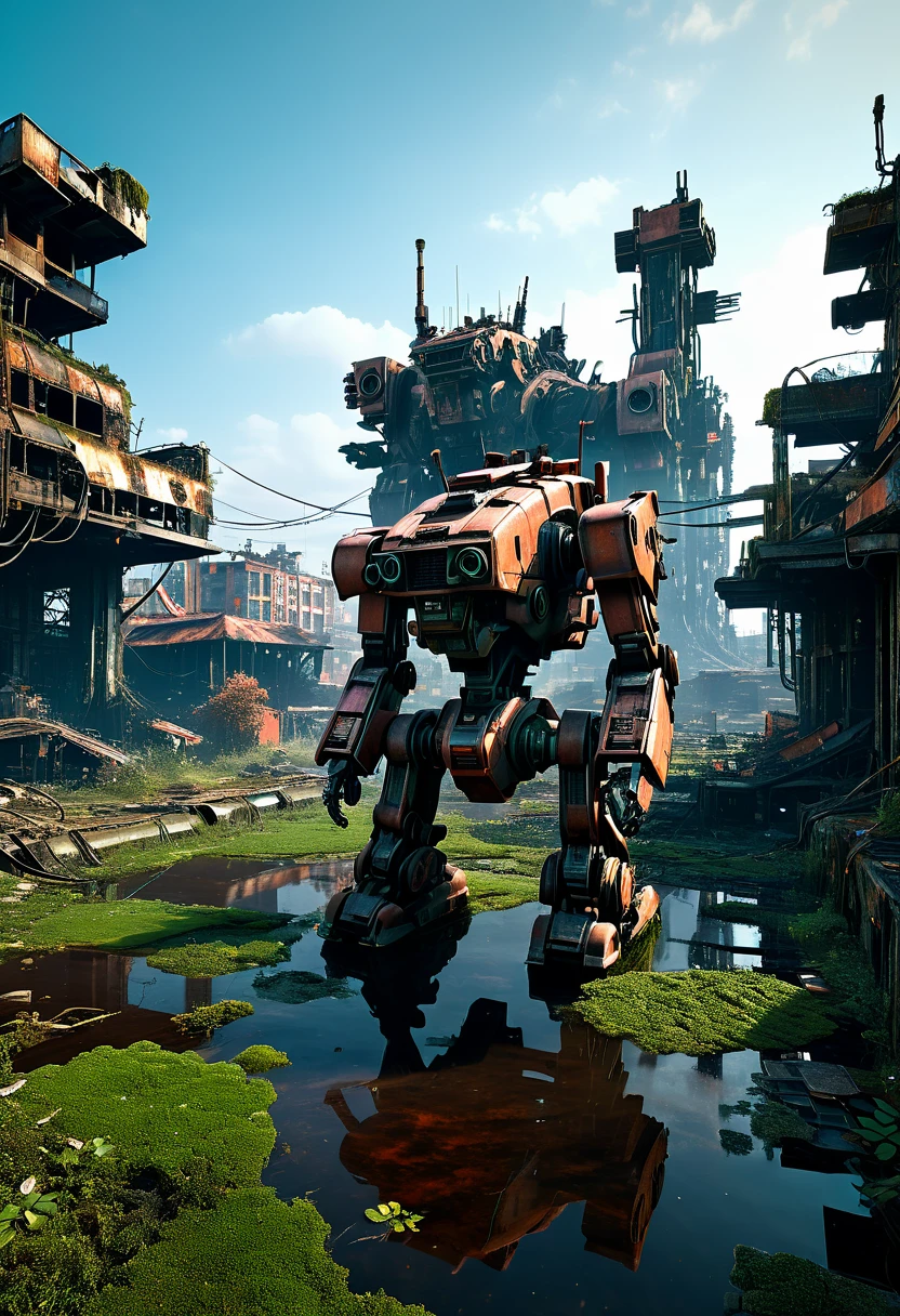 (full-body shot) , In a ruined city covered with vegetation，((1 Abandoned mechas, killer robots in the post-apocalyptic wasteland，Covered in rust，covered with moss，Standing alone in the middle of a pond filled with oil:1.8))。Ruined city restored after nuclear blast，The outlines of the oppressive buildings in the background are clearly visible。The mech is badly damaged，The surface is covered with oil stains and scratches。Its metal casing is rusty，wires exposed，Reminiscent of its glorious past。However，Now it&#39;s just an abandoned shell，Abandoned in this post-apocalyptic landscape。Photos in a super minimalist style，the abandoned city is rendered in soft orange-pink tones，Creates a super warm atmosphere。Film grain and root effects add a sense of texture and nostalgia to the image。The lens is dimmed，Pastel colors and crazy details create a hyper-detailed post-apocalyptic atmosphere。This feeling is further enhanced by the oppressive buildings in the background and the distant twilight scene。This ultra-professional landscape photo is a stunning portrayal of an abandoned city and derelict mechas，it tells a story about war、A story of destruction and the passage of time，(global illumination, Ray tracing, high dynamic range, Unreal rendering, Reasonable design, high detail, masterpiece, best quality, ultra high definition, light)，3d style