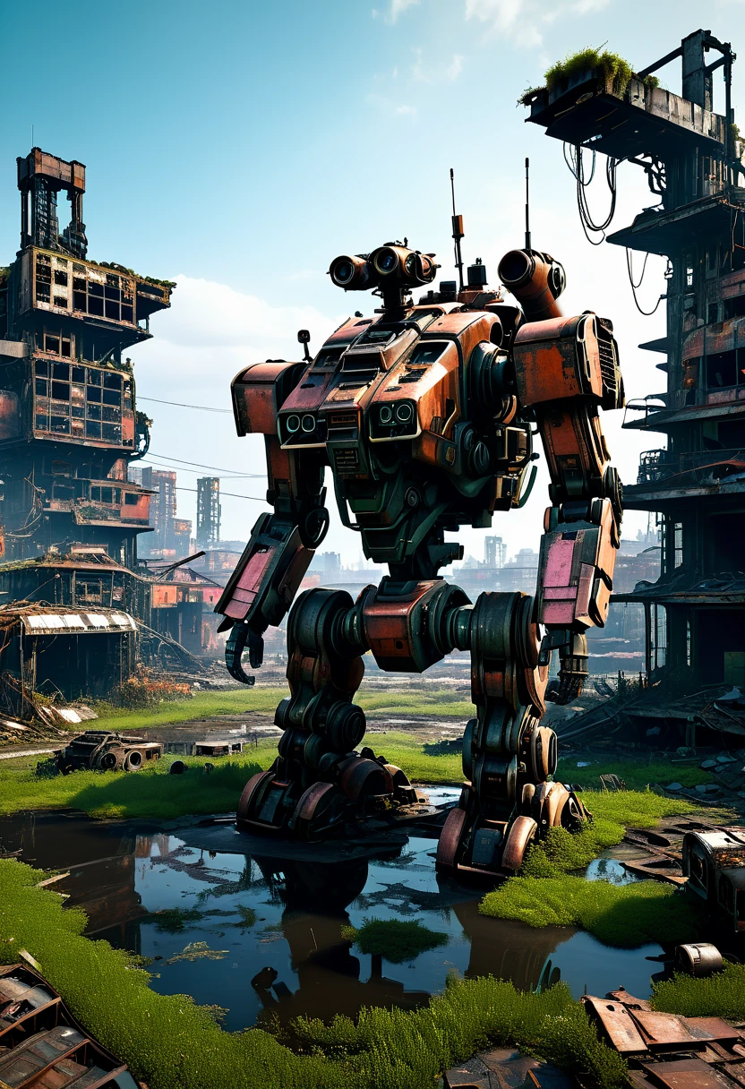 (full-body shot) , In a ruined city covered with vegetation,((1 Abandoned mechas, killer robots in the post-apocalyptic wasteland,Covered in rust,covered with moss,Standing alone in the middle of a pond filled with oil:1.8))。Ruined city restored after nuclear blast,The outlines of the oppressive buildings in the background are clearly visible。The mech is badly damaged,The surface is covered with oil stains and scratches。Its metal casing is rusty,wires exposed,Reminiscent of its glorious past。However,Now it's just an abandoned shell,Abandoned in this post-apocalyptic landscape。Photos in a super minimalist style,the abandoned city is rendered in soft orange-pink tones,Creates a super warm atmosphere。Film grain and root effects add a sense of texture and nostalgia to the image。The lens is dimmed,Pastel colors and crazy details create a hyper-detailed post-apocalyptic atmosphere。This feeling is further enhanced by the oppressive buildings in the background and the distant twilight scene。This ultra-professional landscape photo is a stunning portrayal of an abandoned city and derelict mechas,it tells a story about war、A story of destruction and the passage of time,(global illumination, Ray tracing, high dynamic range, Unreal rendering, Reasonable design, high detail, masterpiece, best quality, ultra high definition, light),3d style