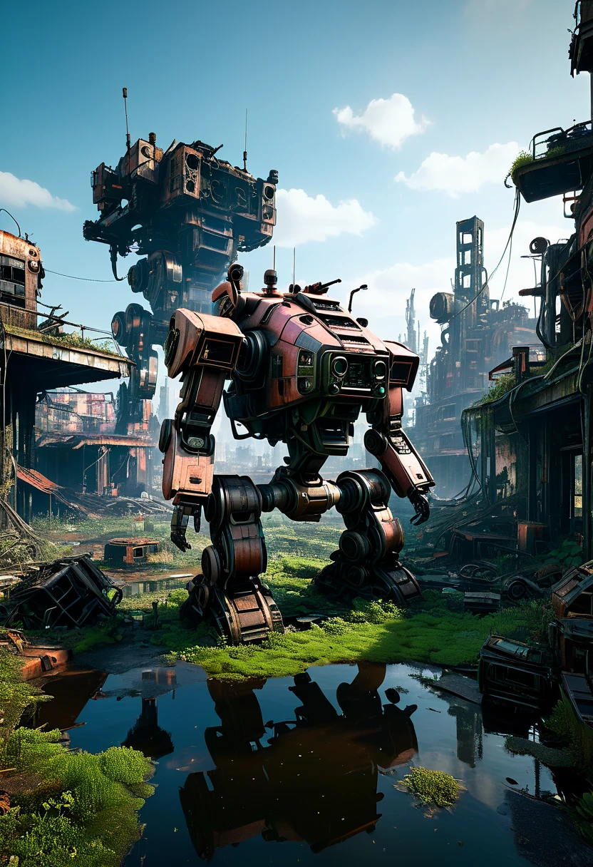 (full-body shot) , In a ruined city covered with vegetation，((1 Abandoned mechas, killer robots in the post-apocalyptic wasteland，Covered in rust and covered with moss, it stands alone in the middle of a pond filled with oil.:1.8))。Ruined city restored after nuclear blast，The outlines of the oppressive buildings in the background are clearly visible。((The mecha was severely damaged, with oil stains and scratches covering its surface.Its metal casing is rusty and its wires are exposed))，Reminiscent of its glorious past。However，Now it&#39;s just an abandoned shell，Abandoned in this post-apocalyptic landscape。Photos in a super minimalist style，the abandoned city is rendered in soft orange-pink tones，Creates a super warm atmosphere。Film grain and root effects add a sense of texture and nostalgia to the image。The lens is dimmed，Pastel colors and crazy details create a hyper-detailed post-apocalyptic atmosphere。This feeling is further enhanced by the oppressive buildings in the background and the distant twilight scene。This ultra-professional landscape photo is a stunning portrayal of an abandoned city and derelict mechas，it tells a story about war、A story of destruction and the passage of time，(global illumination, Ray tracing, high dynamic range, Unreal rendering, Reasonable design, high detail, masterpiece, best quality, ultra high definition, light)，3d style