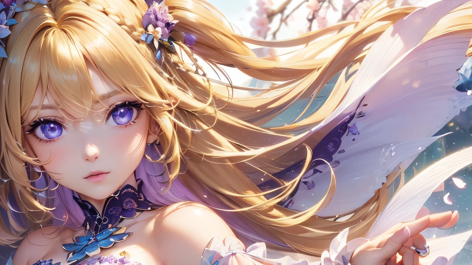 4K quality:1.2,1girl,sense of deps,disorganized,catch light,Super beautiful illustration,(((beautiful blonde,two side up hairstyle:1.3))),beautiful and delicate flowing hair,((Beautiful purple eyes like jewels:1.2)),emphasized chest,Cherry blossom trees