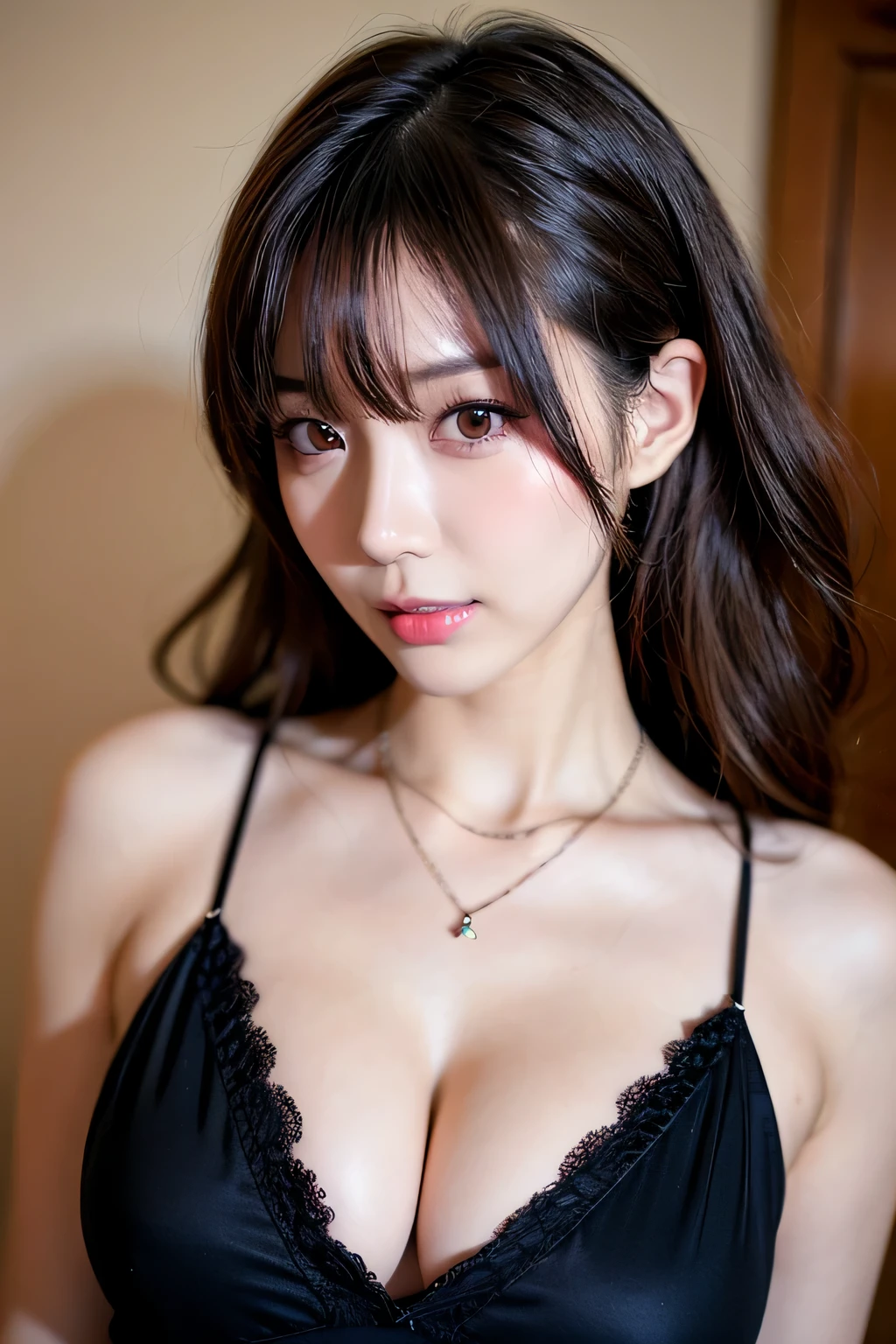 Canon RF85mm f/1.2,masterpiece,highest quality,ultra high resolution,VC,1 girl,(korean mixed,K-POPアイドル:1.2),alone,white_shiny_skin,black eye,necklace,((Brown_short_wavy_hair)),((pink_shiny_lips)),eyelash,前hair,make,compensate,shiny,pore,skin texture,bracelet,off shoulder,See-through,big breasts