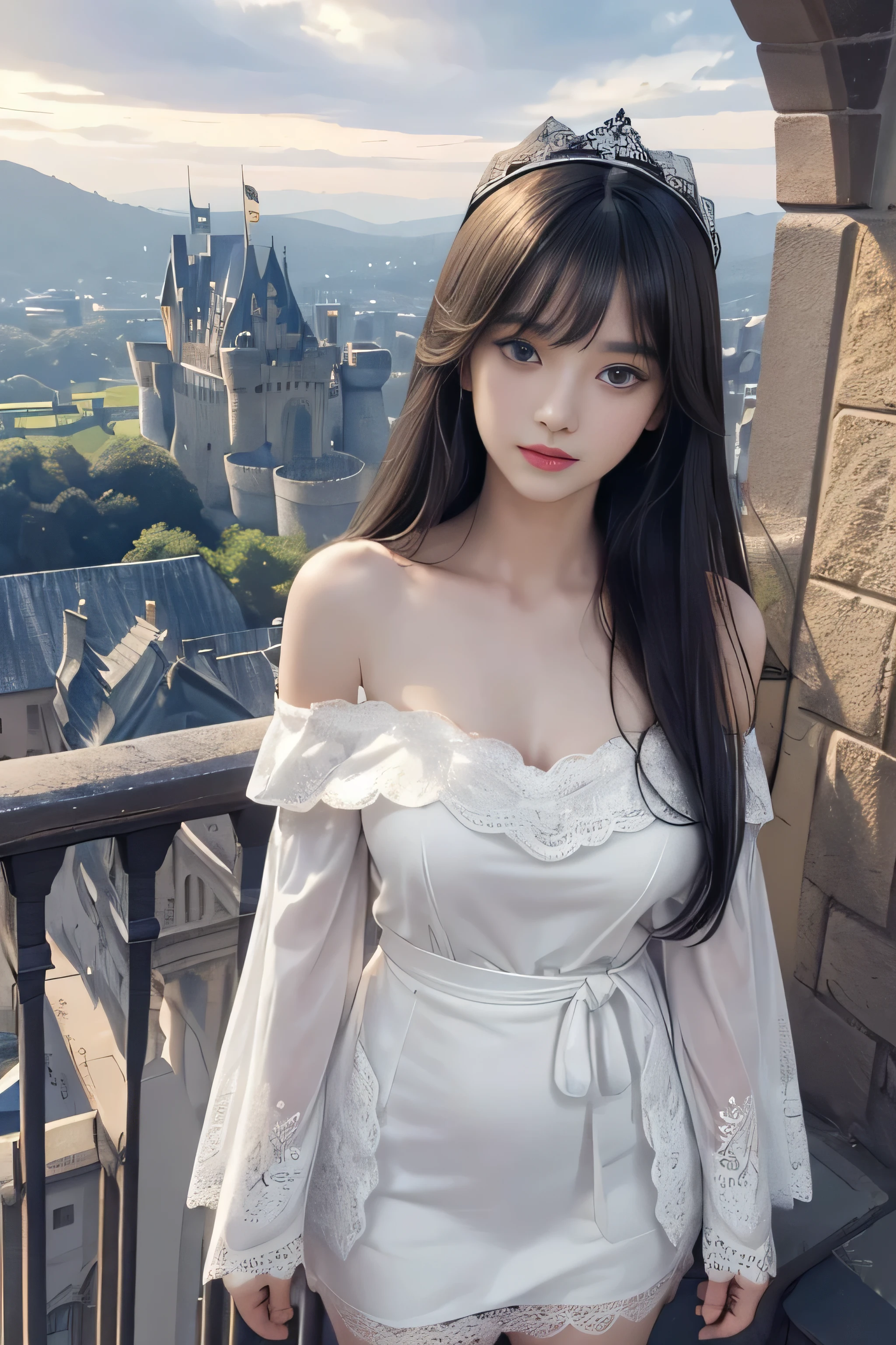 (surreal)、(enlightenment)、(High resolution)、(8k)、(very detailed)、(Best Illustration)、(beautiful detailed eyes)、(highest quality)、(super detailed)、(masterpiece)、(wallpaper）、（detailed face）、solo、1 girl、looking at the viewer、Detailed、detailed face、in the dark night、deep shadow、low key、Pure erotic face ace_v1、laughter、length、black shawl straight hair、46 point diagonal bangs,　（（white lace dress、mini skirt））(off shoulder）（（Beautiful woman standing on the balcony of the castle））