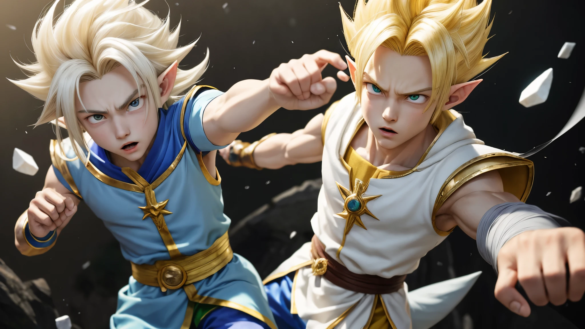 (master piece), 8k, best quality, elf boy, naive, male, teenager, 14 years old, 1.70 meters tall, white skin, thin body, pointed elf ears, beautiful finely detailed silver eyes, high forehead, spiky yellow blonde hair like Gohan from the anime dragon ball (super sayajin), incredibly handsome, conservative elven outfit, fighting, action, throwing small salt stones at enemies,