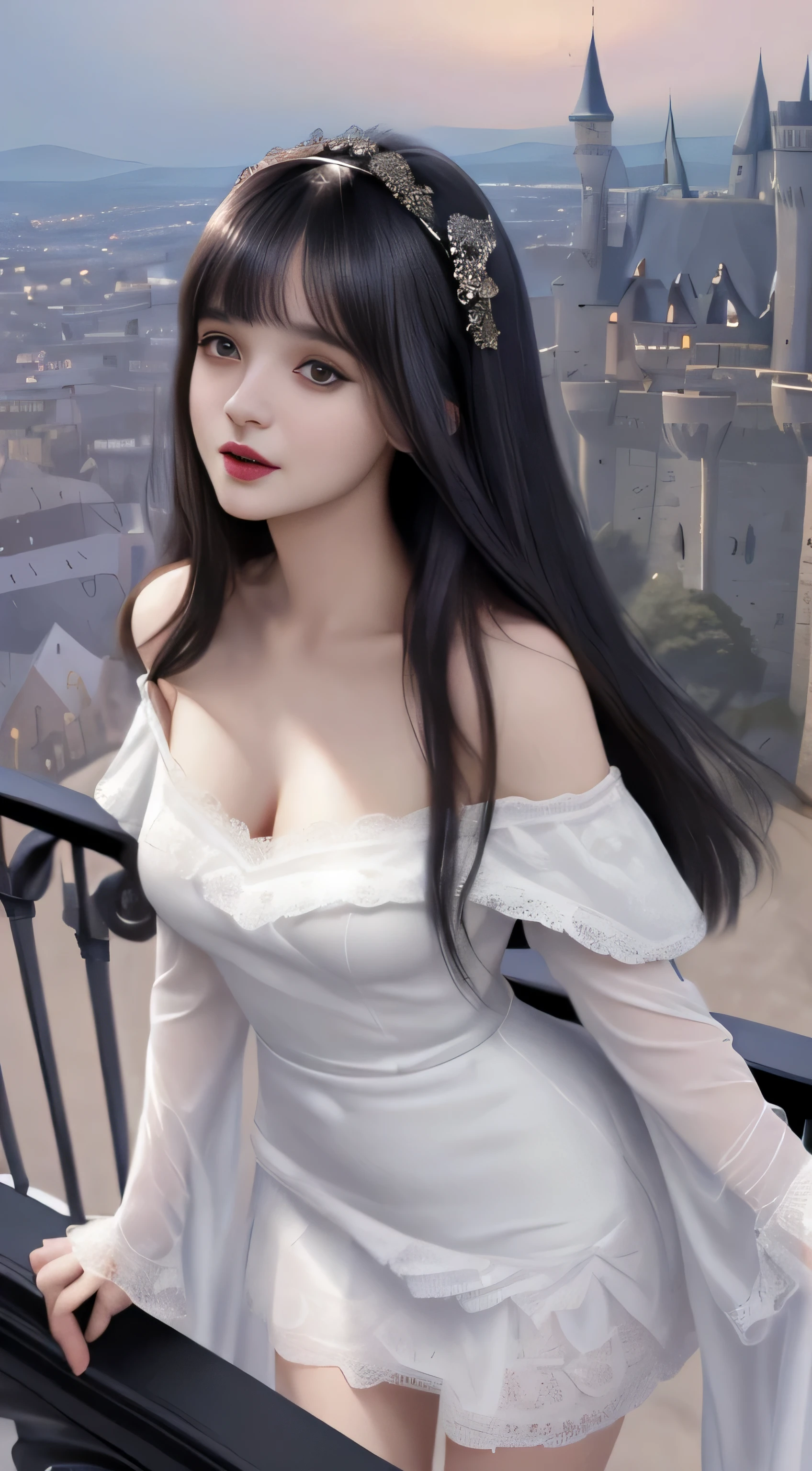 (surreal)、(enlightenment)、(High resolution)、(8k)、(very detailed)、(Best Illustration)、(beautiful detailed eyes)、(highest quality)、(super detailed)、(masterpiece)、(wallpaper）、（detailed face）、solo、1 girl、looking at the viewer、Detailed、detailed face、in the dark night、deep shadow、low key、Pure erotic face ace_v1、laughter、length、black shawl straight hair、46 point diagonal bangs,　（（white lace dress、mini skirt））(off shoulder）（（Beautiful woman standing on the balcony of the castle））