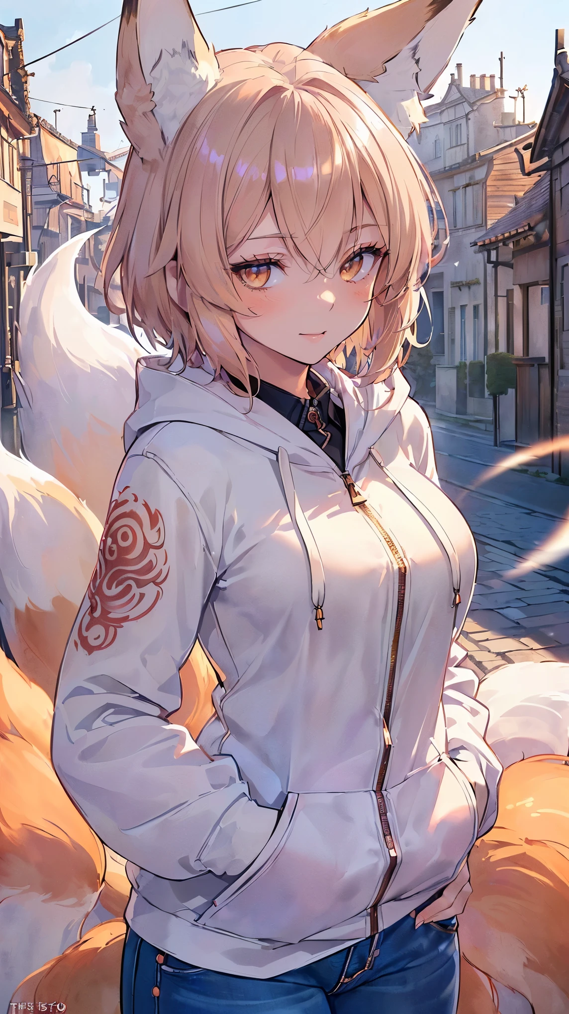 (((masterpiece))), (((highest quality))), ((ultra-detailed)), ((super fine illustration)), ((ultra-fine painting)), (16K highest quality wallpaper:1.4), (upper body:1.4), HDR, (Highly detailed and delicate illustration style:1.8), detailed skin texture, detailed cloth texture, extreme detailed description, (T-masterpiece), (Highly detailed face:1.2), (highly detailed fox ears:1.2), (highly detailed shiny medium short hair:1.2), (highly detailed beautiful eyes:1.2), (highly detailed nine tails:1.2), Original, RAW photo, Professional, intricate details, super details, direct light:1.6, (Perfect anatomy:1.4), (highly detailed hands:1.2), (highly detailed fingers:1.2), (highly detailed fingertips:1.2), (19-years-old), real, (solo:1.6), (A mysterious and sacred fox girl with nine tails and eyes who is an idol, messenger of the gods, and a shrine maiden:1.4) BRAKE (beautiful and adorable fox ears:1.6), (highly detailed and delicate fox ears:1.2), (beautiful and adorable fox nine tails:1.2), (highly detailed and delicate fox nine tails:1.2), (beautiful and well-shaped big breasts:1.2), (beautiful and well-shaped buttocks), (beautiful and shiny medium short hair:1.4), (highly detailed and delicate medium short hair:1.2), (beautiful clear eyes that shine with great detail:1.6), (highly detailed and delicate eyes:1.2), (Highly detailed face:1.4), (smile:1.3), (blush:1.2), (looking at viewer:1.4), (standing:1.4) BRAKE (Zip up hoodie:1.4), (Collared shirt:1.4), (Jeans:1.4) BRAKE (Highly detailed and beautiful streets of European capitals in the background just after noon in early spring:1.6), (Just after noon:1.4), Very detailed and delicate streets of European capitals:1.2 BRAKE