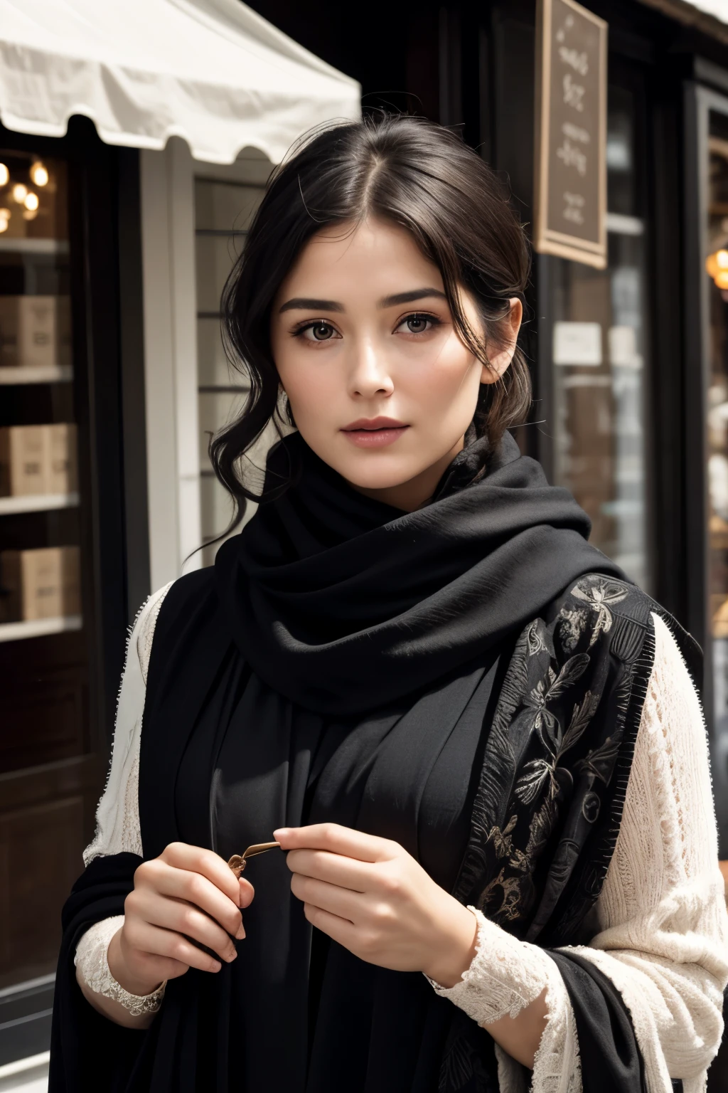 Masterpiece, a woman in a black shawl emerging from a quaint shop, ((Audrey Hepburn:Gemma Arterton:0.5)), demure expression, delicate features, intricately patterned shawl, old-world charm, rustic setting, (high detail face), (expressive eyes:1.3), Curvy figure, (black hair:1.1), romantic lighting, soft focus, ultra high resolution, Canon EOS 5D Mark IV, Velvet Bokeh, warm color palette, film-like texture, monochrome photo.