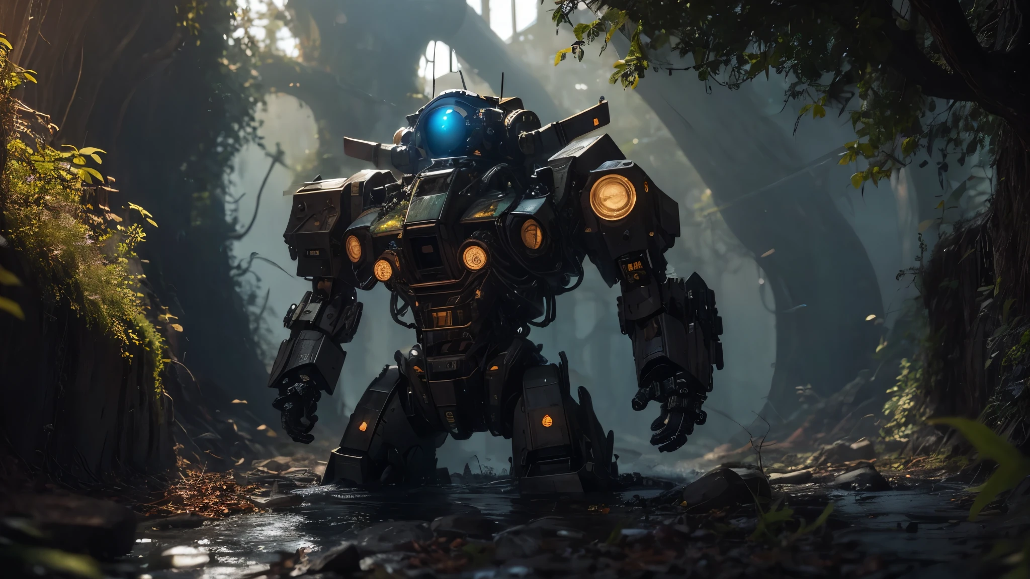 wilderness,Overgrown,A huge abandoned mecha head abandoned in the weeds,close up,thick dust,soil,Rust mottled,Break the shell,露出内部complicated机械装置,Sunlight shines on the fuselage through the branches,Tyndall effect,realistic raytracing,True light reflection,8k,Ultra-fine,Surreal,super detailed,complicated,precise,masterpiece