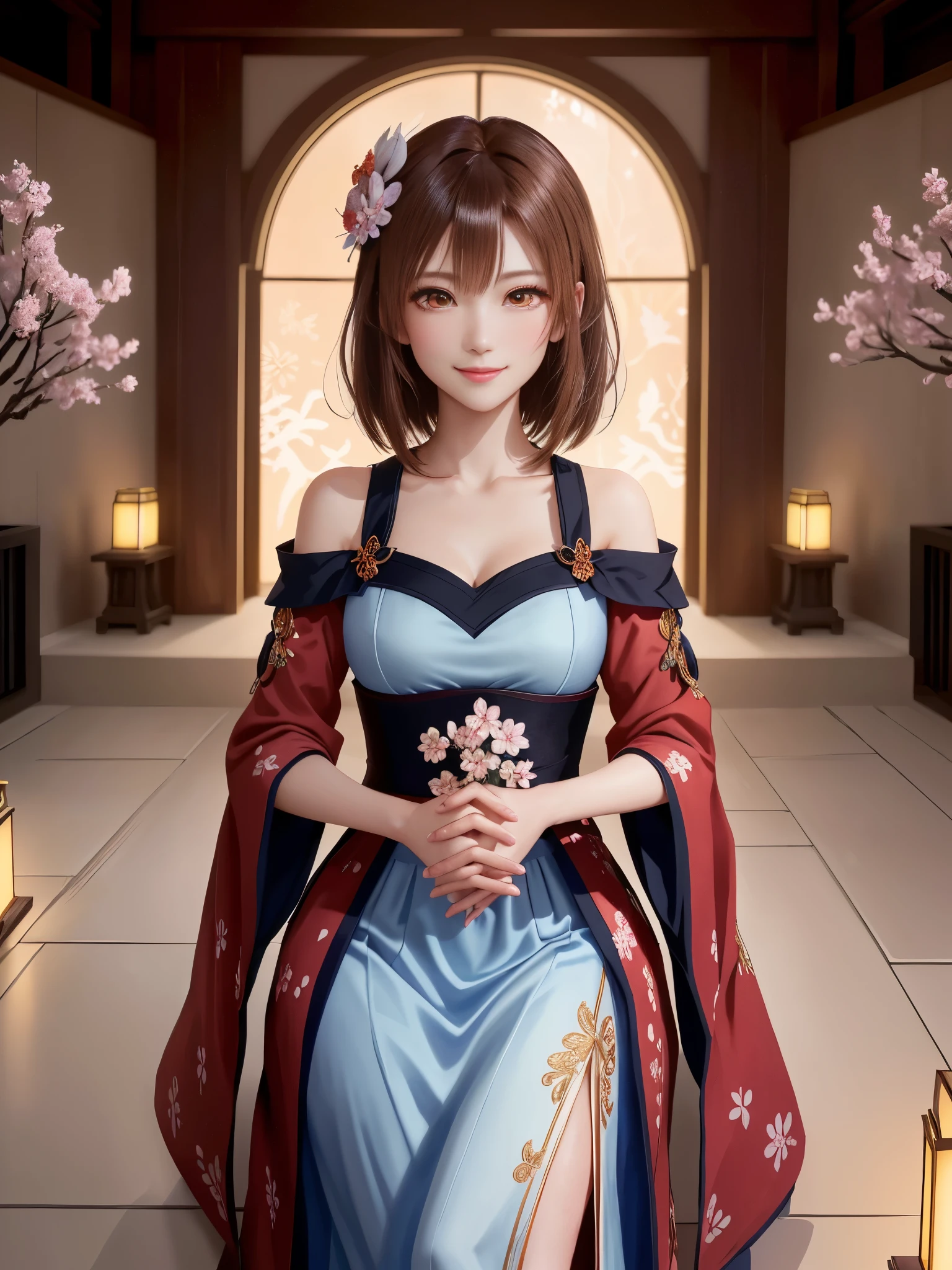 masterpiece , best quality,smile,smile,small face,shoulder exposure,less cleavage exposure,light brown hair,slender body shape,brown eyes,sharp contrast,short hair,Beautiful short hair,Berry Short,short cut hair,just one person,precision quality,Faithfully reproduced eyes, The surroundings are shining gold,一面に咲くcherry blossom background,snow scene,masterpiece, 幻想的なcherry blossom background,night,nightの背景,cherry blossom background,beautiful details, colorful, delicate details, delicate lips, intricate details, genuine, ultrargenuineista, 枝に座っている色とりどりの髪のFoxを持つ女の子:Mature, bright eyes, ,色とりどりのFox, raposa de nine tails, 三尾Fox, 三尾Fox, onmyoji detail art, beautiful fine art illustration, mythical creatures, Fox, beautiful digital art,shrine maiden,hold hands,exquisite digital illustration, mizutsune, Inspired by mythical wild web creatures, pixiv in digital art, shining light, high contrast, Mysterious,