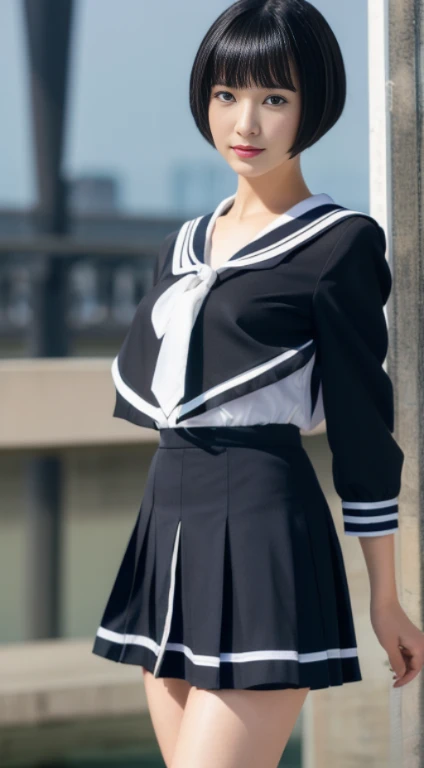 (highest resolution, clear_image), highest quality, masterpiece, very detailed, half realistic, A woman with shoulder-length black hair, black eyes, mature, mature女性, emperor's sister, sexy, short bob cut hair, three bangs, Black and white sailor suit, black uniform, jacket, light blue pleated skirt,