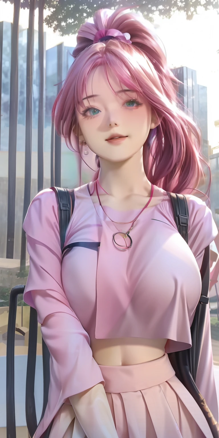 realistic, 1girl, pink hair, green eyes, glowing eyes, crop top, skirt, parted lips, blush, night, flowers, sun, sunlight, big breasts
