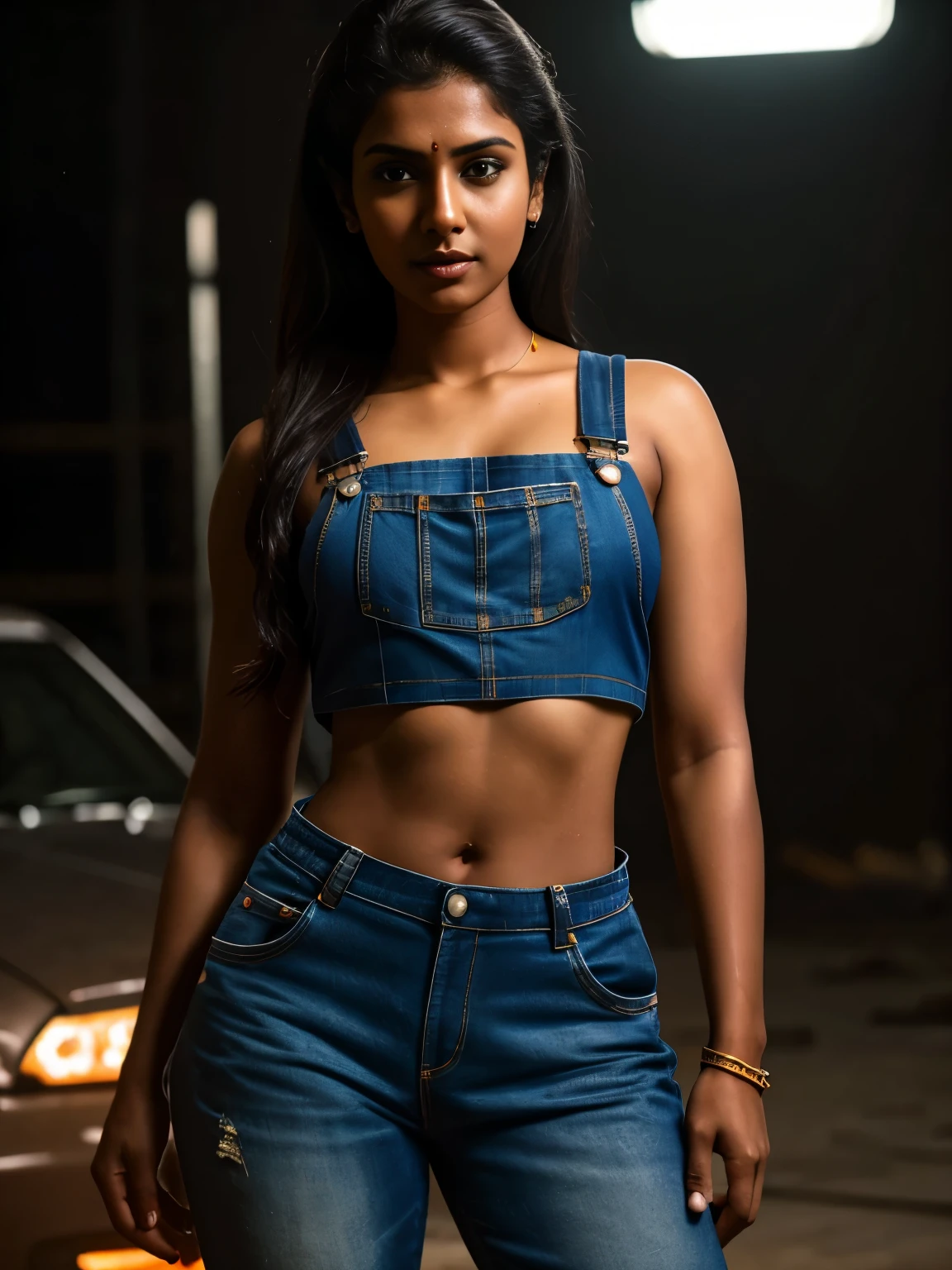 A sexy Tamil female mechanic, sexy torn mechanic overalls, crop tops, bare midriff, pin-up aesthetic, high detail face, high detail skin, 64K, HDR, high resolution, photo-realistic, cinematic lighting, depth of field, bokeh, rim lighting, backlit, cool colors, night scenario