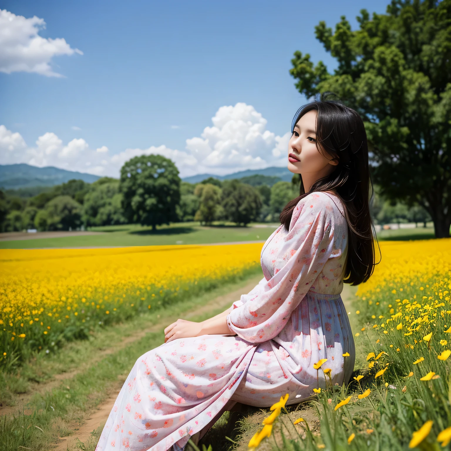 TYPE : Beauty Photography
THEME : natural
RACE : Indonesian, young
PERSON 1 : Early 20s, woman
SCENE : outdoor , sitting in the middle of a field of very tall and beautiful flower field, side view , full filled with tall flower field, creating an beauty atmosphere , wind blowing effect, beautiful expression , graceful pose .
PROPS: : fields of tall flower field, blue sky , wearing soft pink patterned long dress, wind blow
CAMERA : photographed using an Canon eos 90d DSLR camera with 18-135mm lens , detail skin texture , detailed face , close up , low exposure
ANGLE : High Dynamic Range (HDR) shot