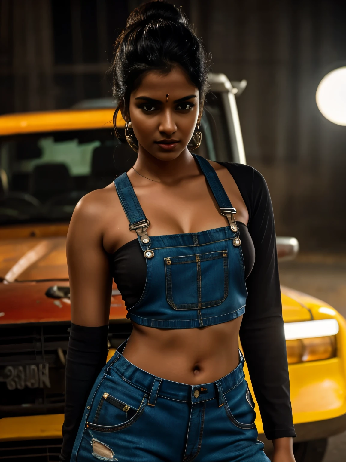 A sexy Tamil female mechanic, sexy torn mechanic overalls, crop tops, bare midriff, pin-up aesthetic, high detail face, high detail skin, 64K, HDR, high resolution, photo-realistic, cinematic lighting, depth of field, bokeh, rim lighting, backlit, cool colors, night scenario