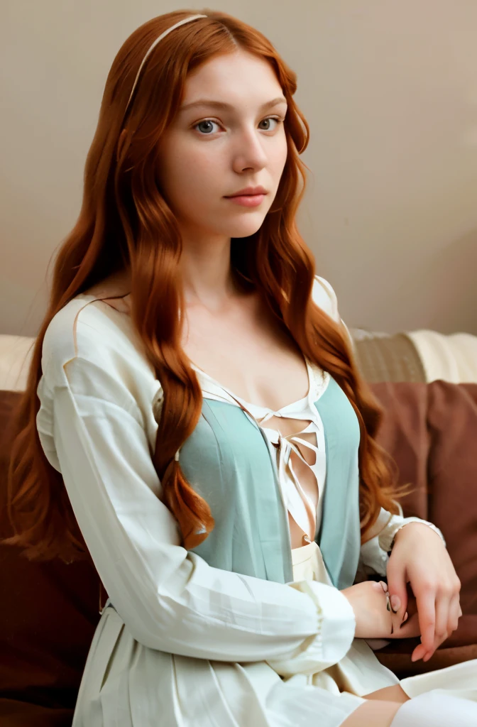 Photograph of Simonetta Cattaneo Vespucci, Botticelli's model for Venus, woman with long red hair, sandro botticelli style, botticelli, in a style blend of botticelli, aphrodite goddess of love, the birth of venus, botticelli style, in style of sandro botticelli, inspired by Sandro Botticelli,
soft pastel, high color contrast, gently faded tones, timeless elegance, highly detailed, master's touch, casual elegance, chiaroscuro lighting, evocative old-world charm. Ektachrome analog film print,
Intricately braided hair, fully clothed, (modern clothing:1.4), painting of a woman sitting on a cushion