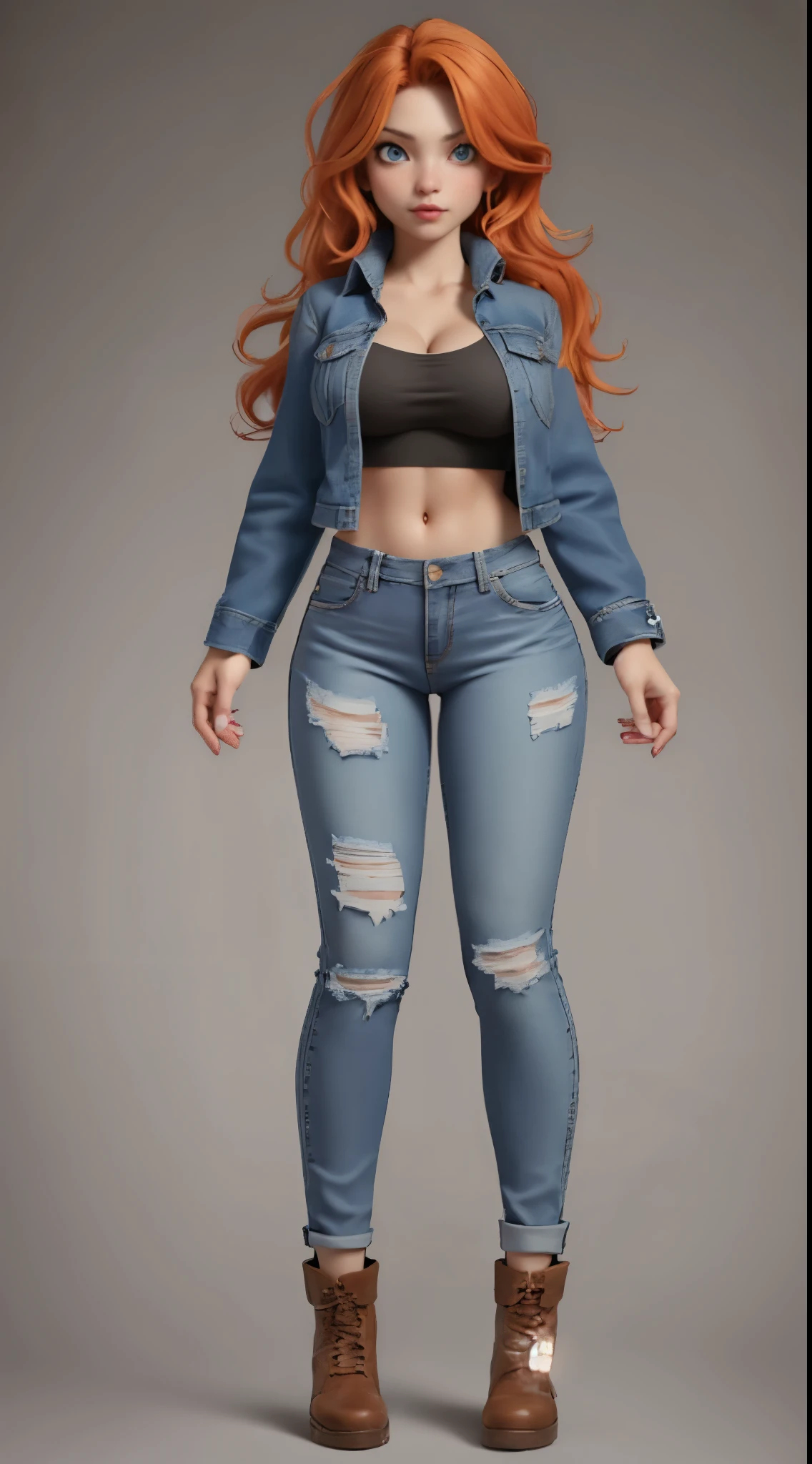 ((Fullbody)),(16k cg wallpaper, 16k ultra hd, 8k cg wallpaper, 8k ultra hd, photograpic)
,((Best Quality, best resolution, award-winning portrait, official art)), ((perfect Masterpiece)), ((Realistic)) and ultra-detailed photography,
 (messy hair, red and orange hair, long hair), (blue eyes, blue iris, black pupil, white sclera, symmetrical eyes), (wide hips, thin waist, six pack, symmetrical body, well proportioned body), (medium sized , symmetrical ), ((jeans, blue, jeans pants) and (fabric, black, thong) and (fabric, black croptop jacket) , medium breasts, and (fabric, white croptop t-shirt)), curvy woman in her 20s, very beautiful, sexy, super huge enormously gigantic tits, cleavage showing, hot, sexy, seductive, slutty